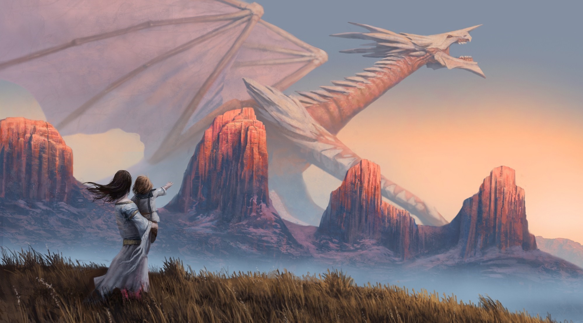 Fantasy art of a dragon flying over a desert landscape HD Wallpaper