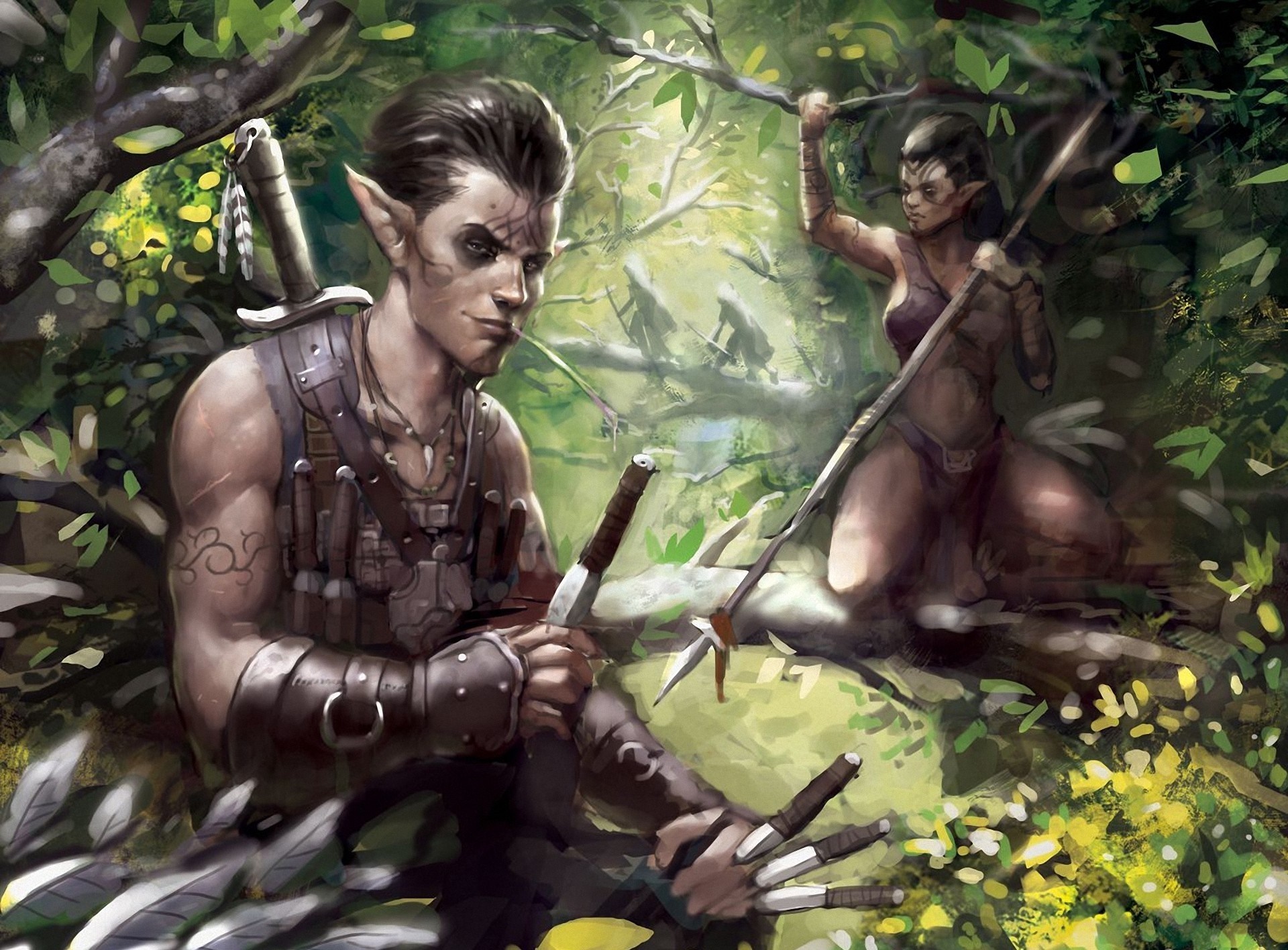 Elven warriors in a dense forest HD Wallpaper