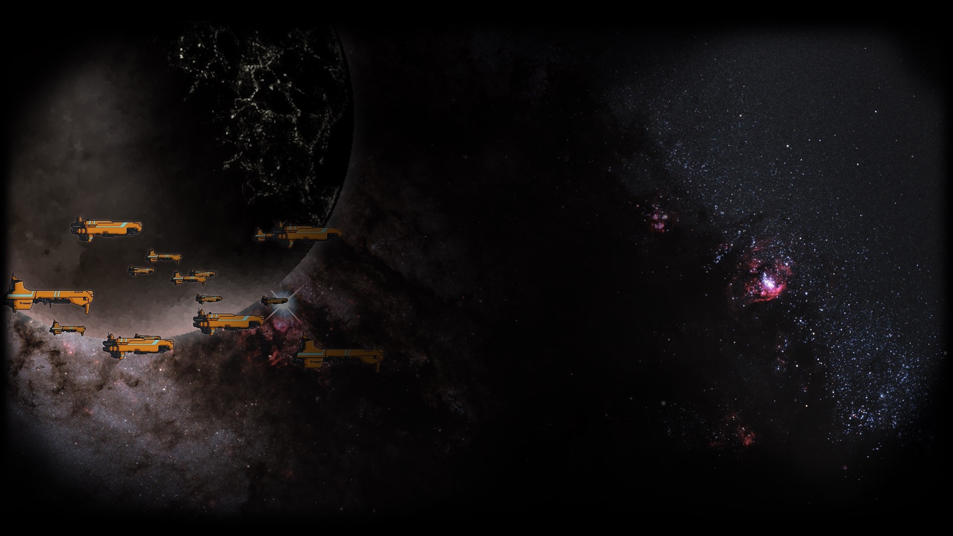 Fleet of yellow spaceships near a planet and nebula HD Wallpaper