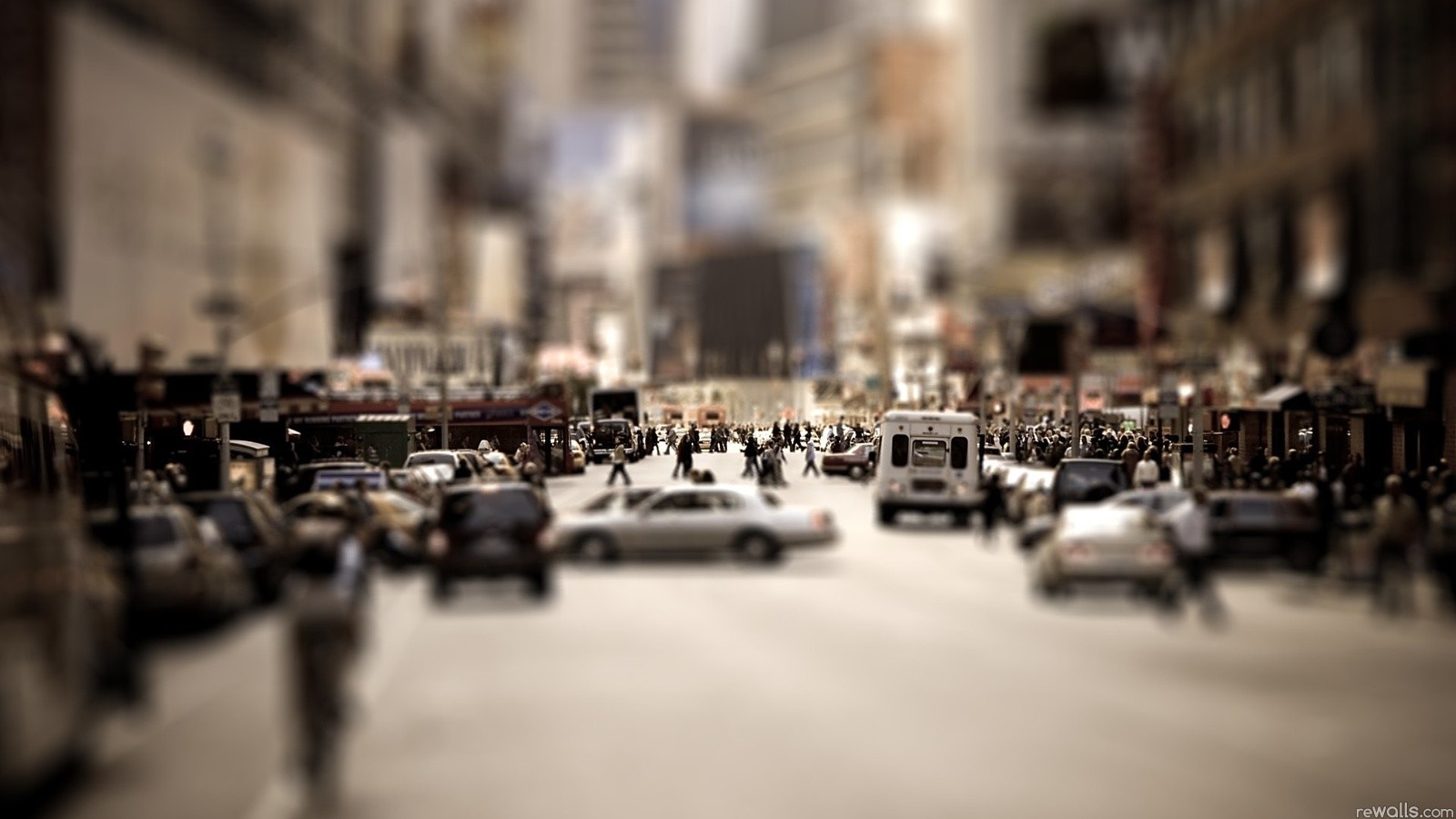City street with cars and people, tilt-shift effect HD Wallpaper