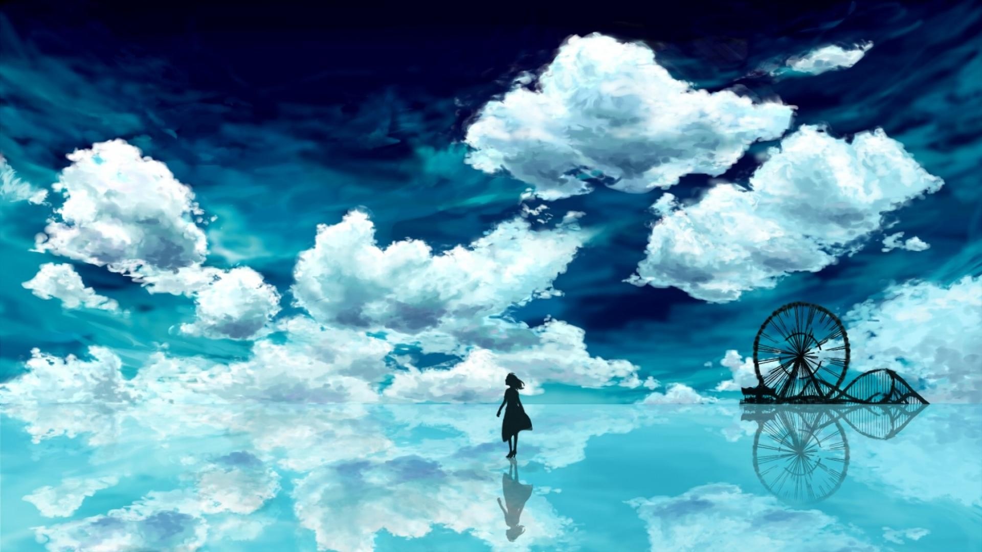 Girl standing on reflective surface with clouds and Ferris wheel HD Wallpaper