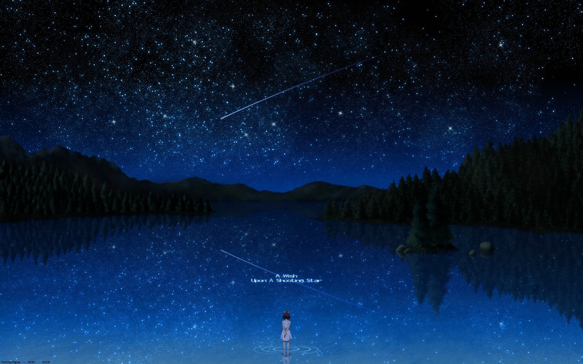 A girl watches a shooting star over a lake at night HD Wallpaper