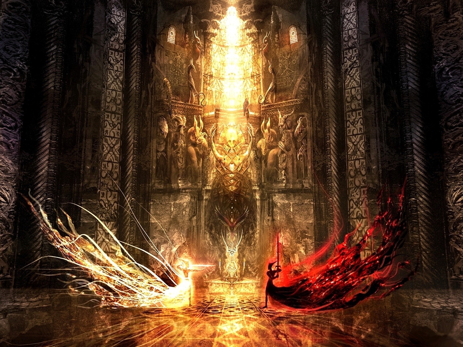 Fantasy art of two figures clashing with light and shadow HD Wallpaper