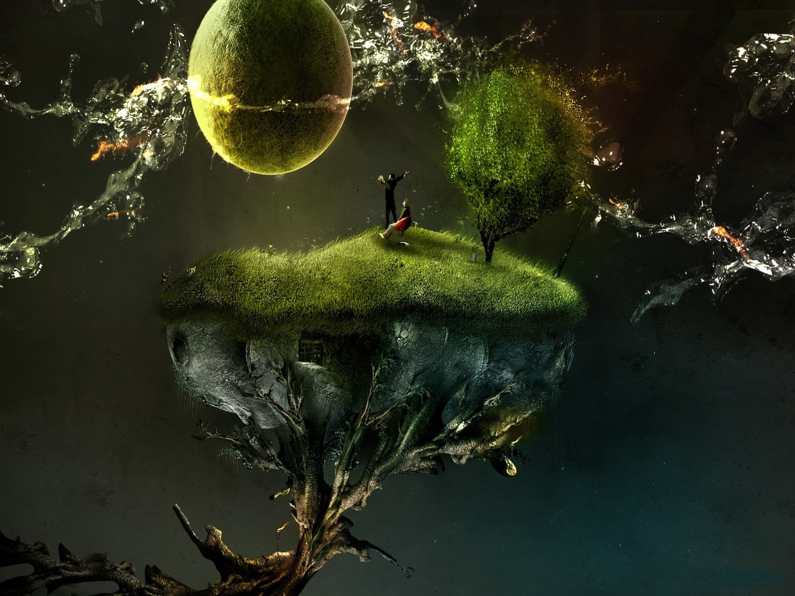 Fantasy art of a floating island with two figures HD Wallpaper