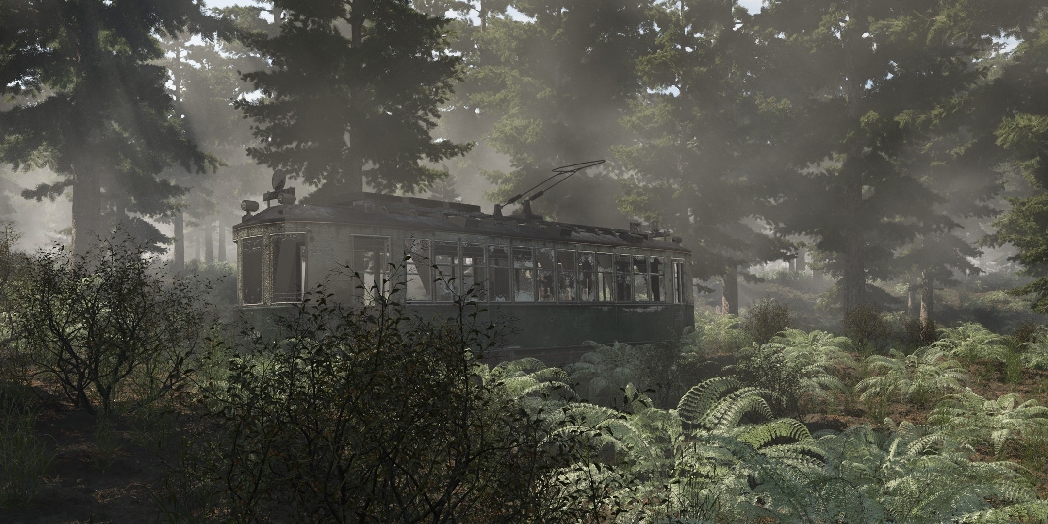 Abandoned tram in a misty forest HD Wallpaper