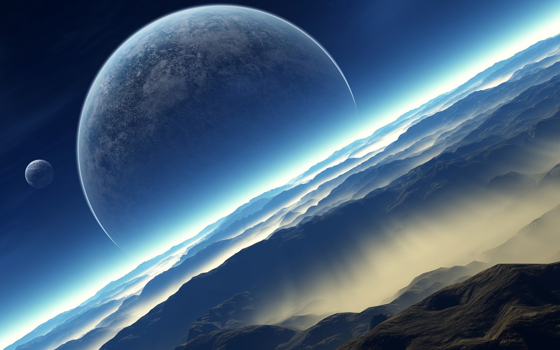 Planet and moon in space above mountainous terrain HD Wallpaper