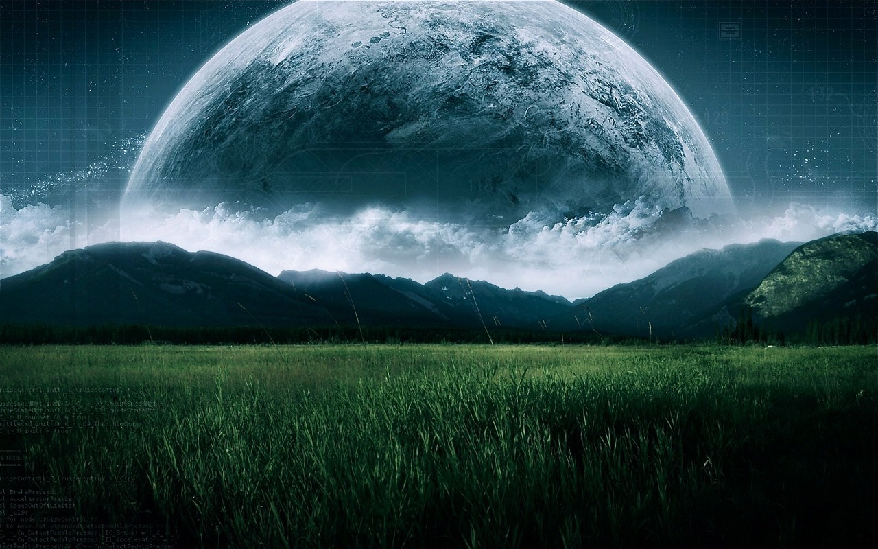 Digital art landscape with planet over mountains and field HD Wallpaper
