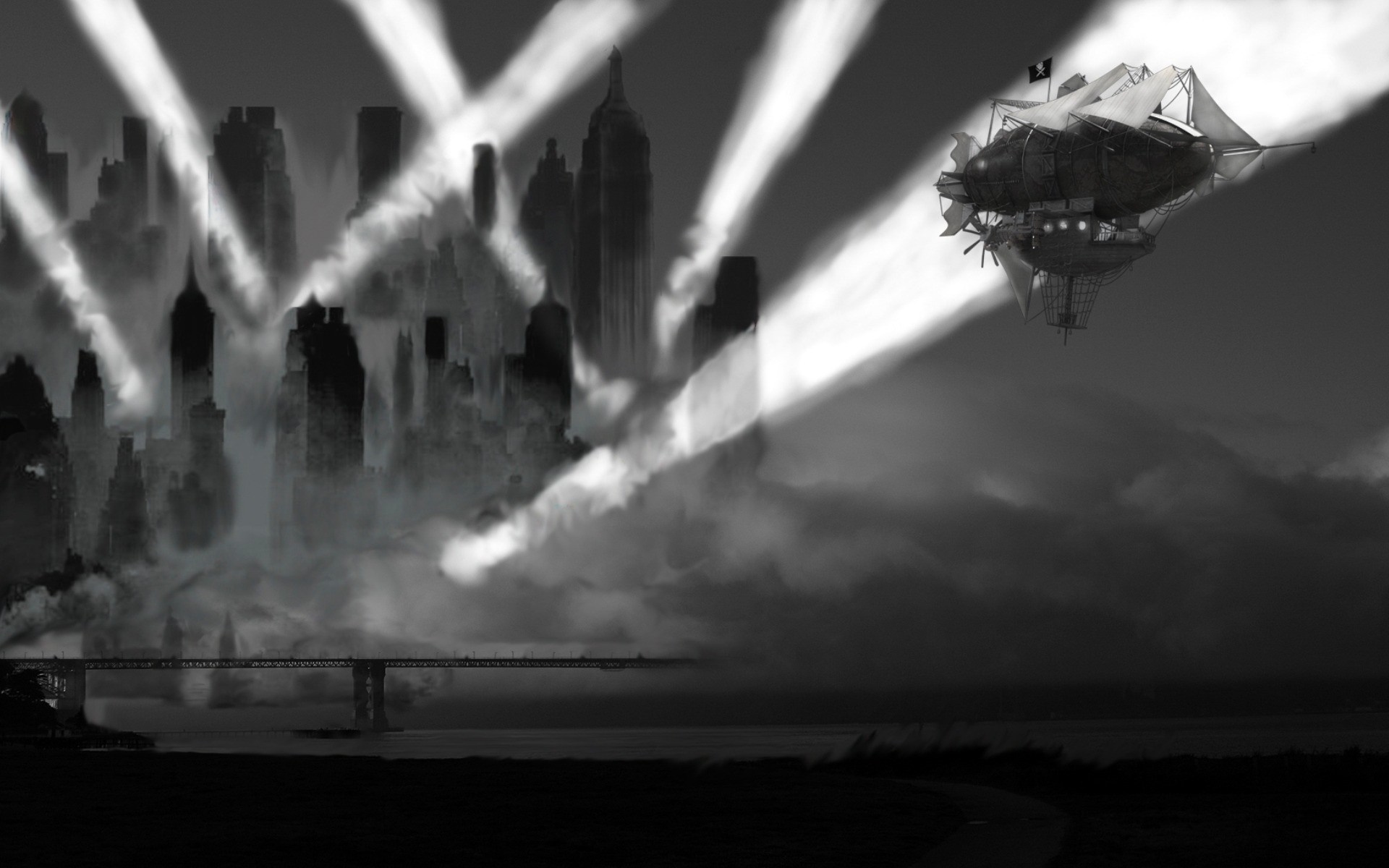 Steampunk airship over a foggy city skyline HD Wallpaper