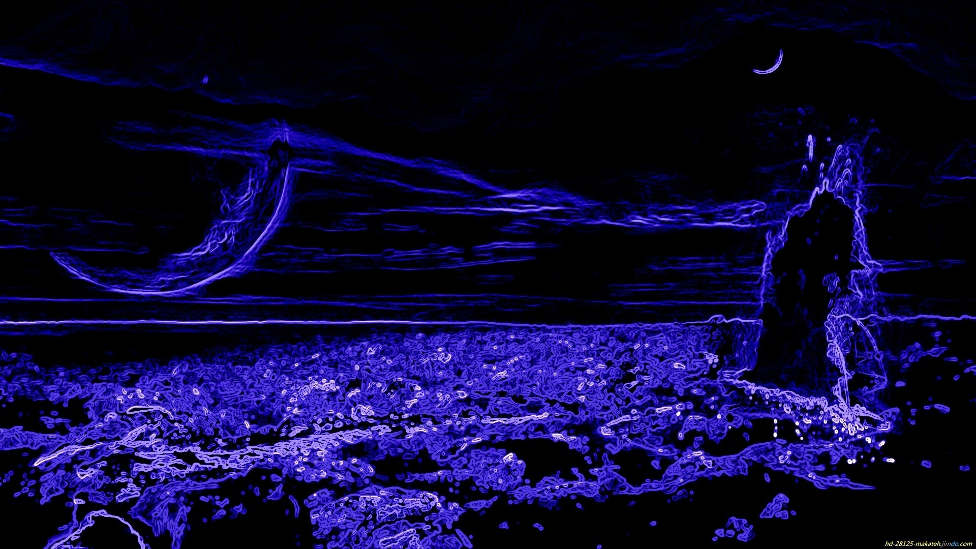 Abstract blue night landscape with moon and rock formation HD Wallpaper