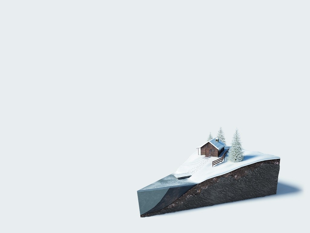 Winter cabin on a snowy hill with frozen lake HD Wallpaper