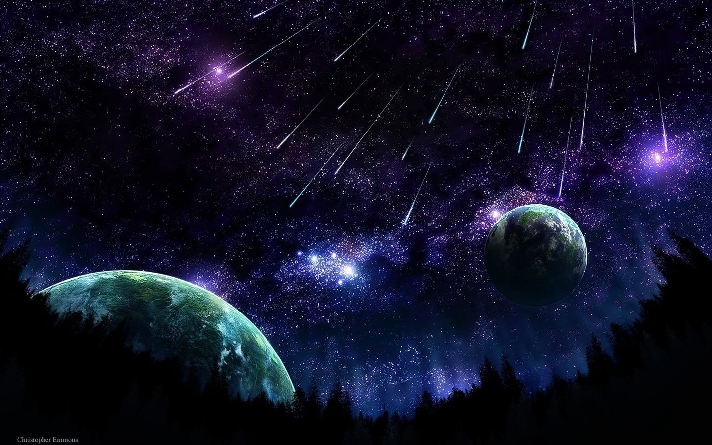 Planets and meteor shower in a starry nebula HD Wallpaper