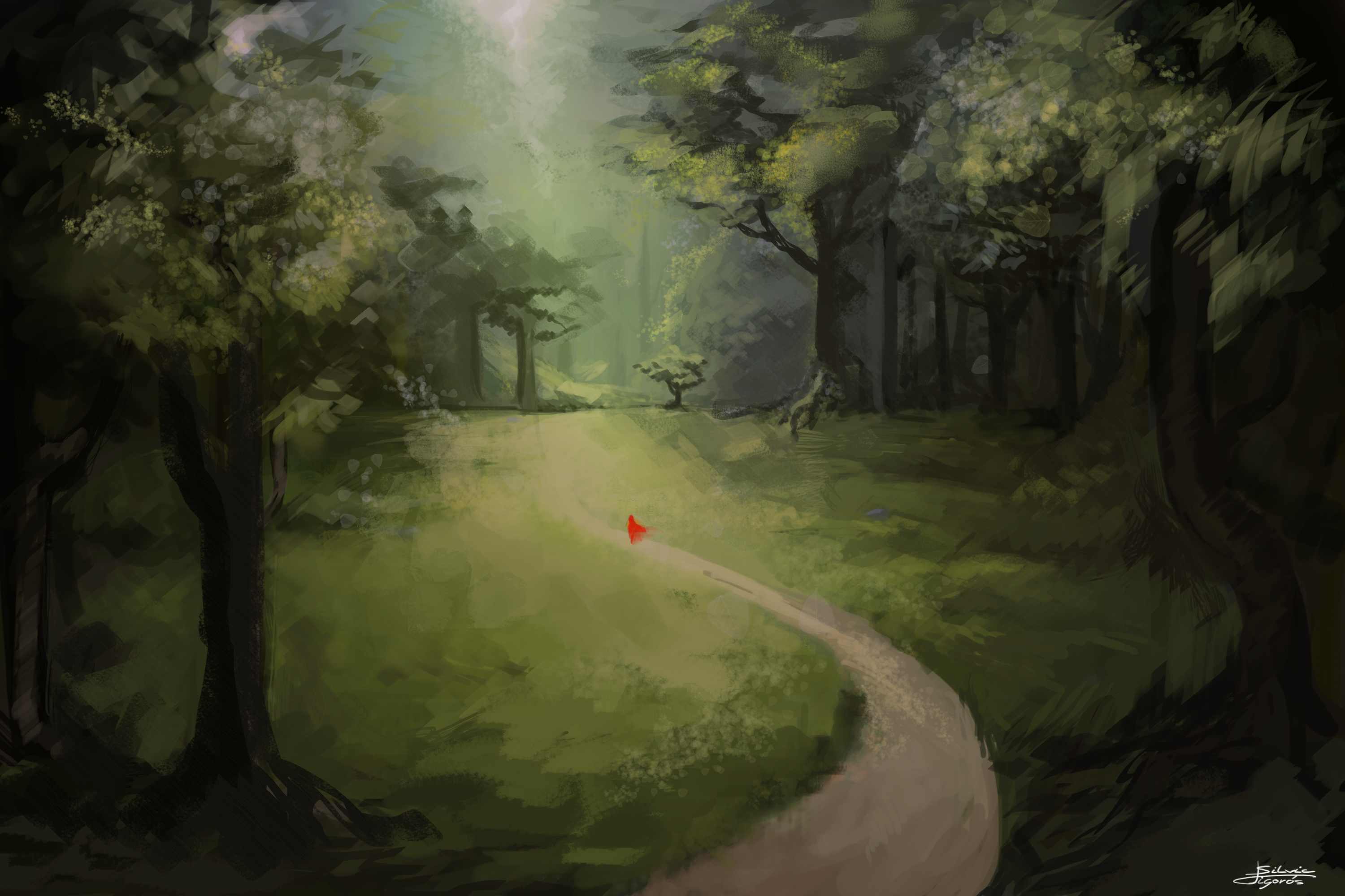 A person in a red cloak walks on a path through a forest. HD Wallpaper