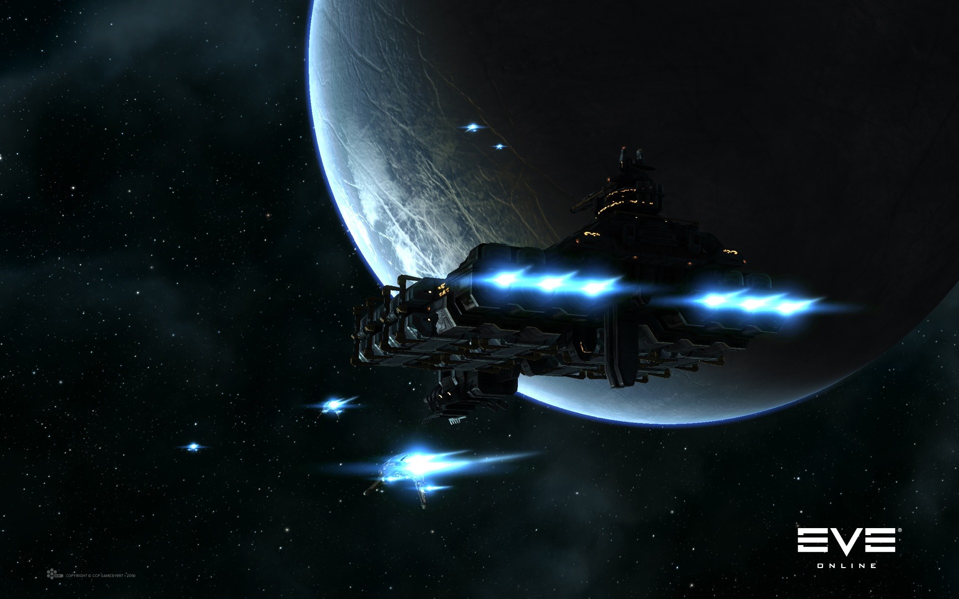 Spaceship near a planet in EVE Online HD Wallpaper
