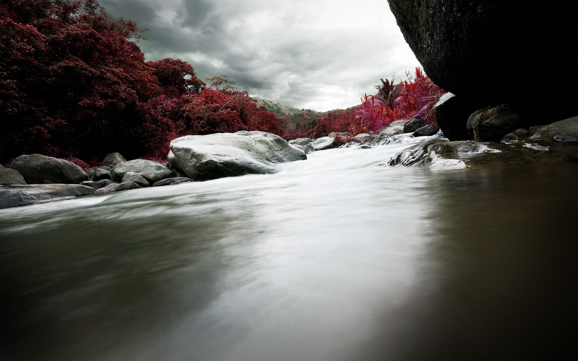 River flowing through rocks with red foliage HD Wallpaper