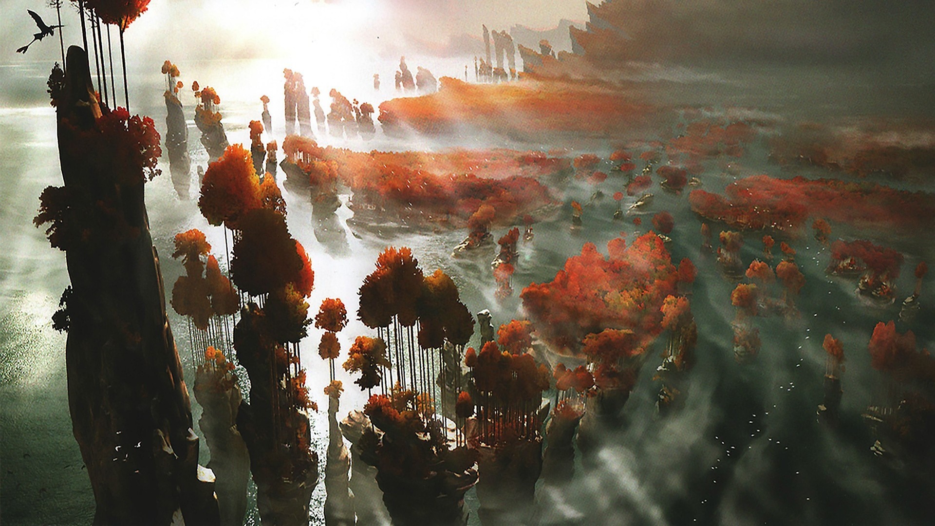Fantasy landscape with floating islands and dragons HD Wallpaper