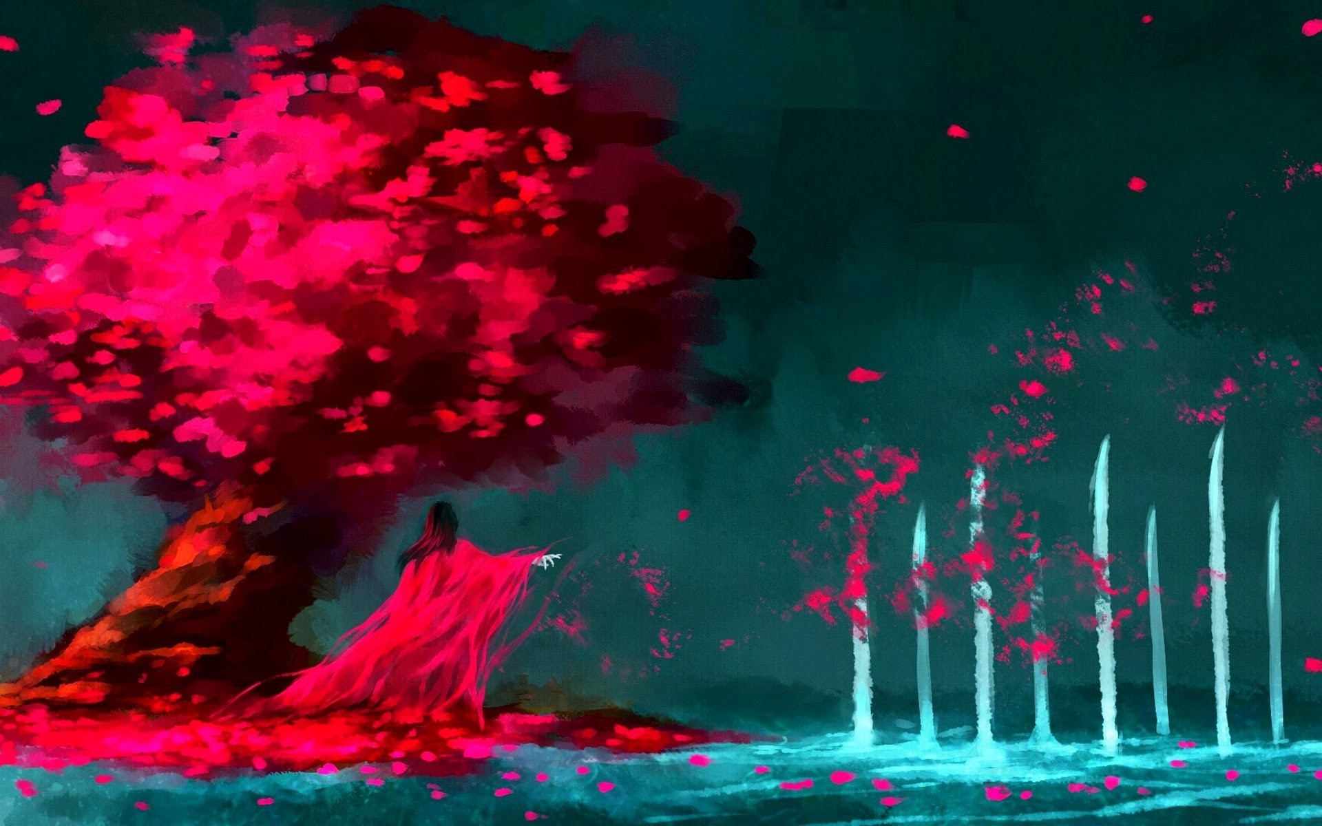 Fantasy art of a person under a red tree HD Wallpaper