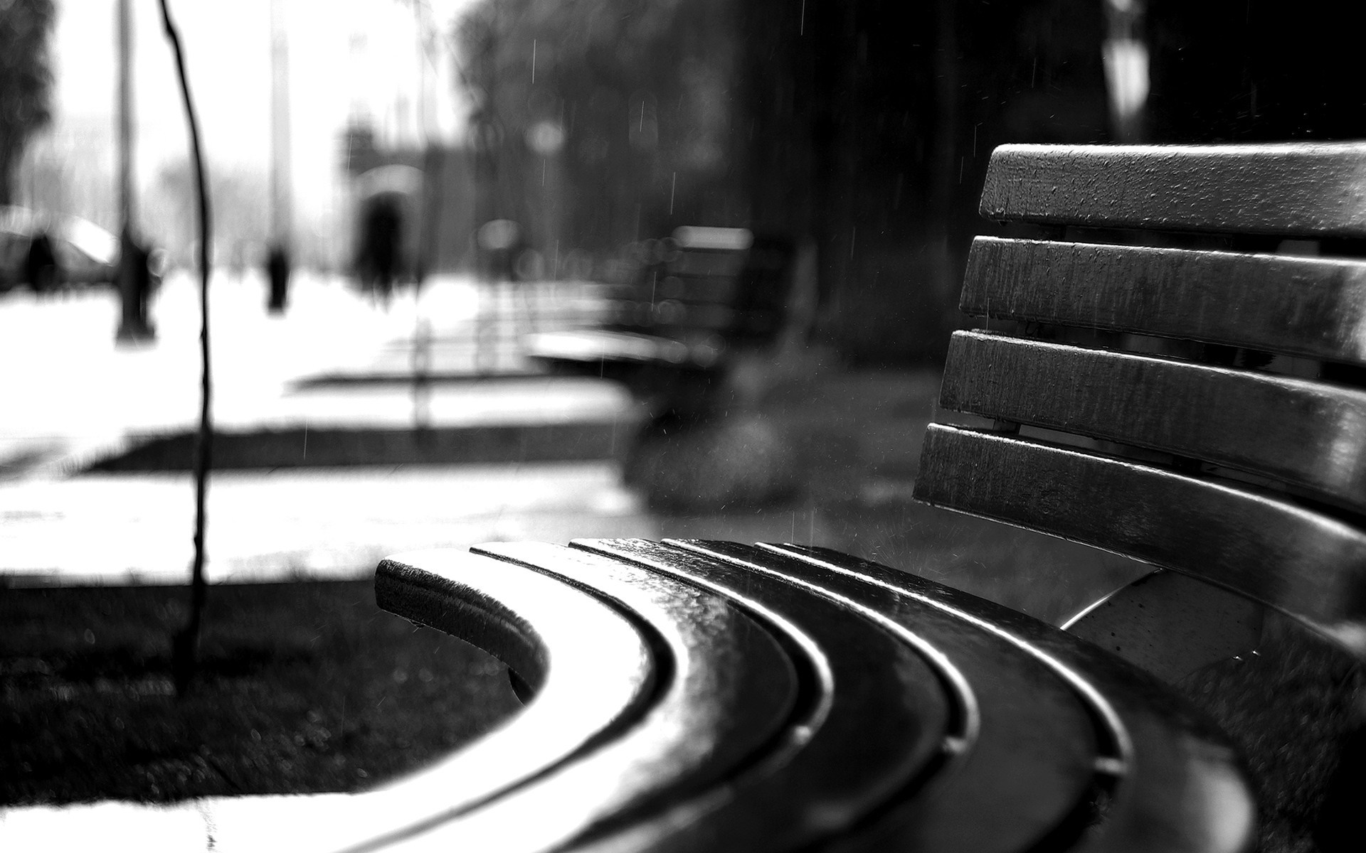 Monochrome photography of a park bench in the rain HD Wallpaper