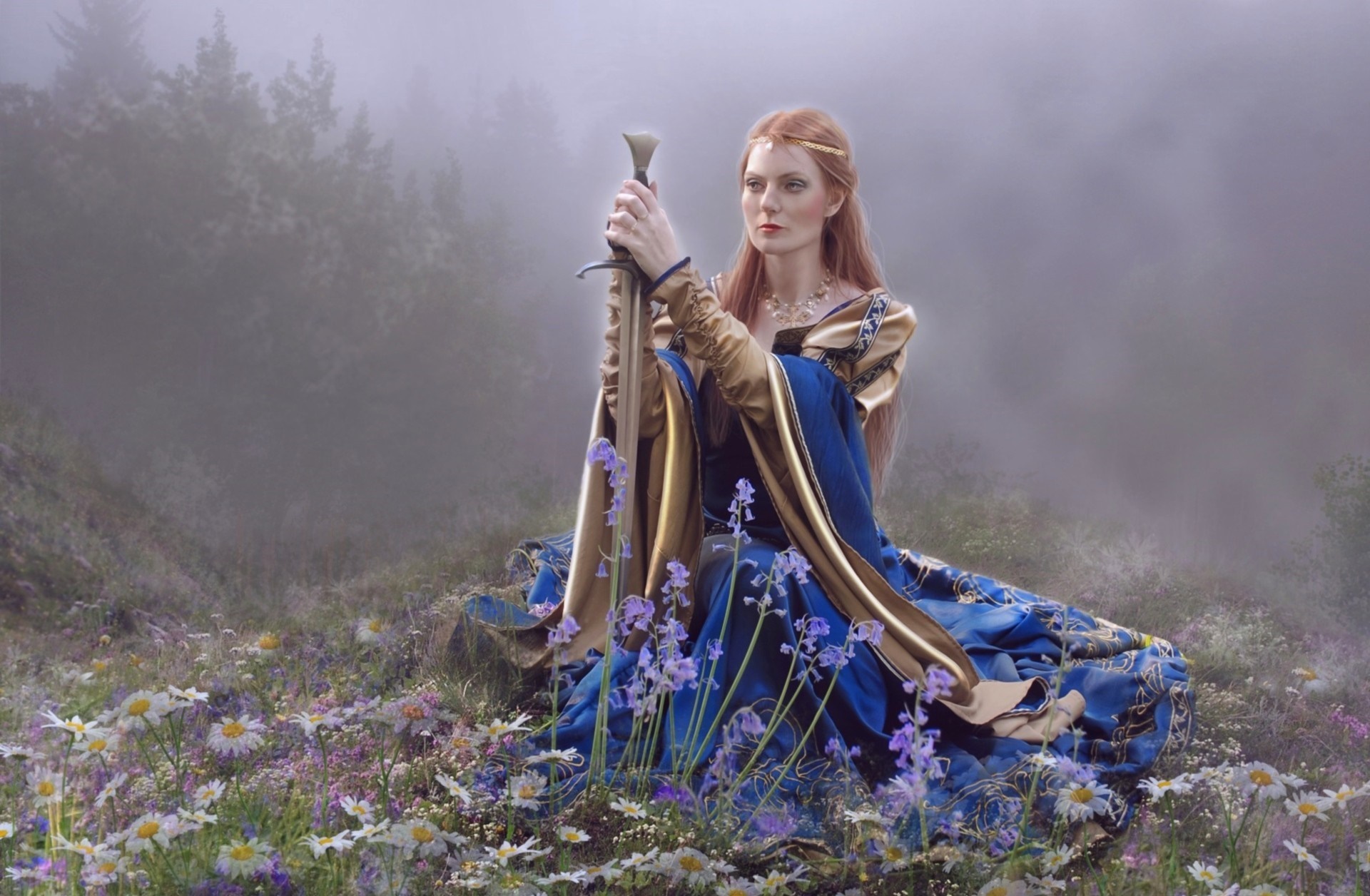 Woman in blue and gold dress holding a sword in a field of flowers HD Wallpaper