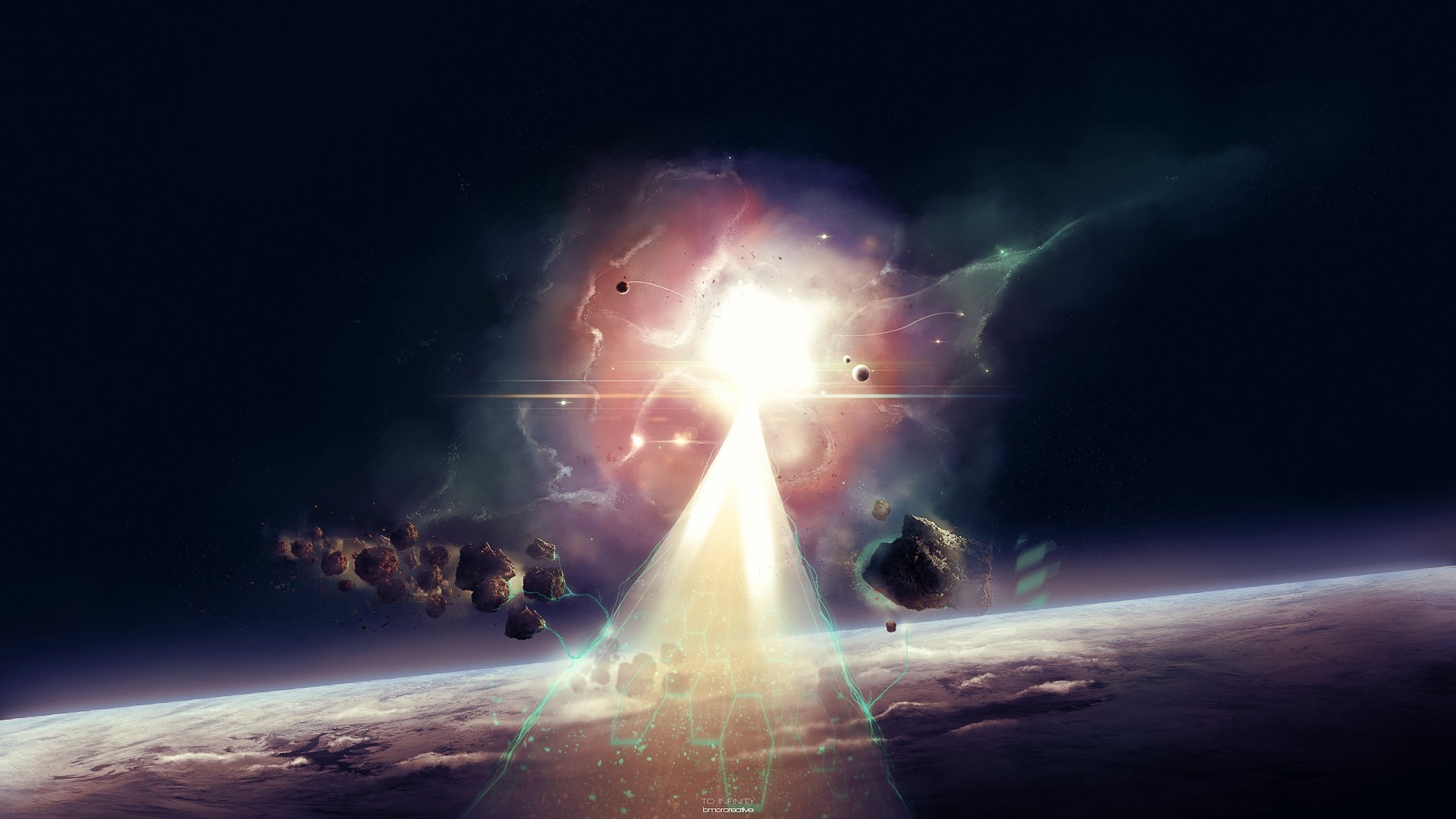 Explosion in space with planets and asteroids HD Wallpaper