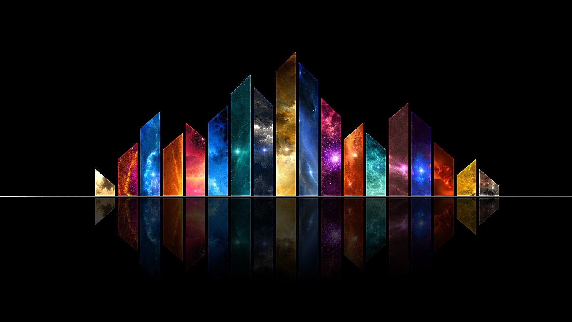 Abstract digital art with colorful geometric shapes and reflections HD Wallpaper