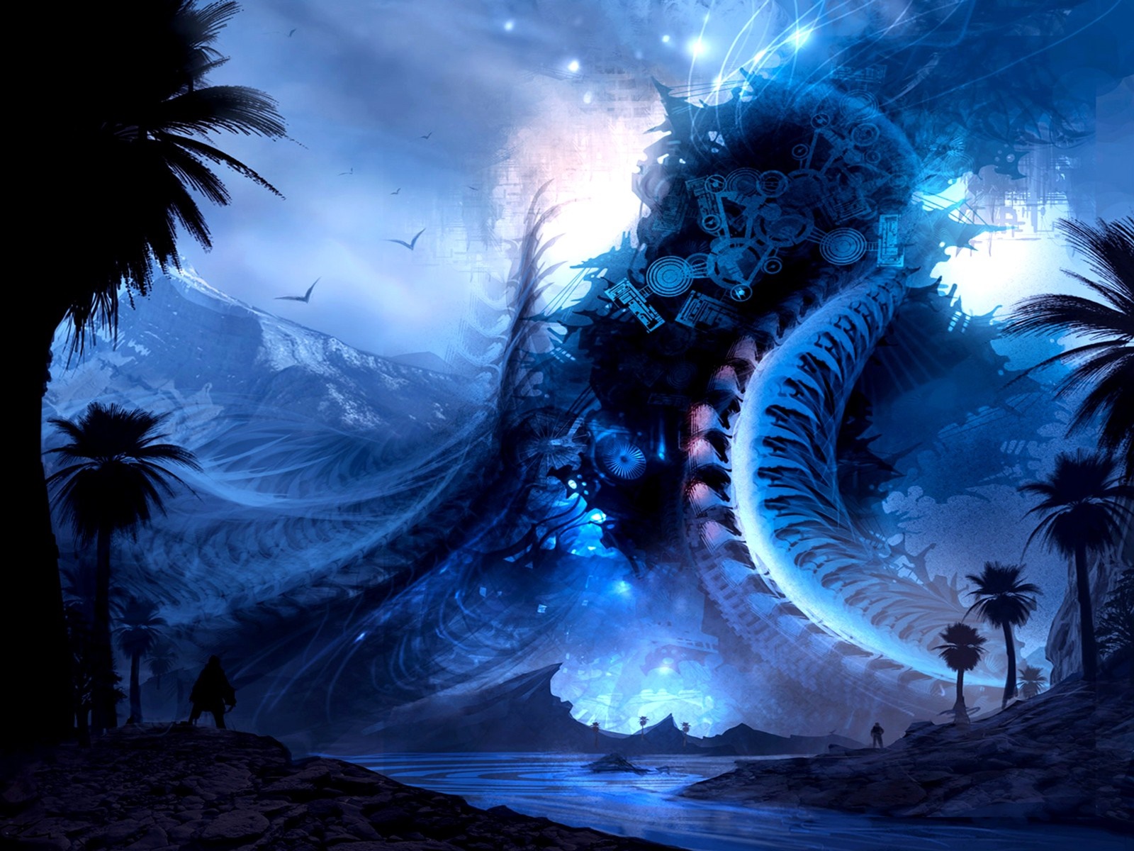 Surreal alien landscape with futuristic structures and palm trees HD Wallpaper