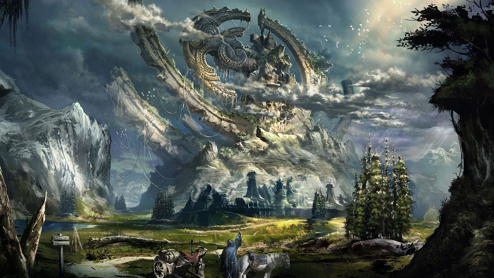 Fantasy landscape with ancient ruins and travelers HD Wallpaper