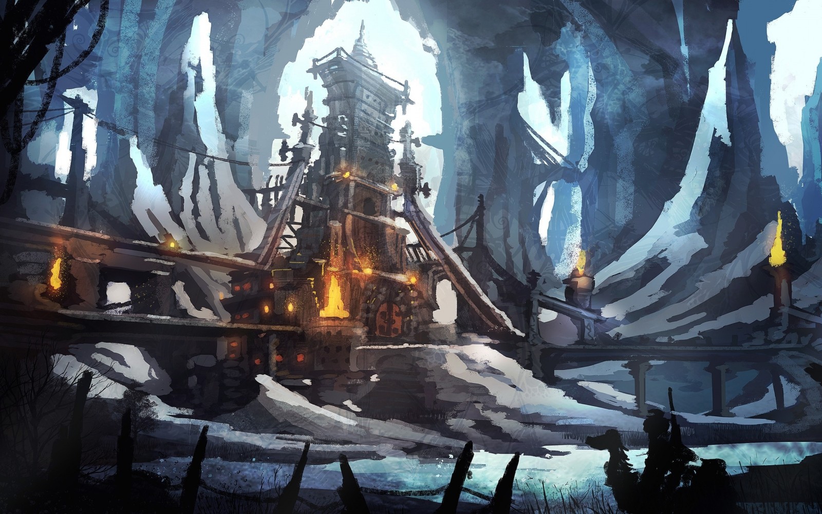 Fantasy art of a settlement in a cave HD Wallpaper