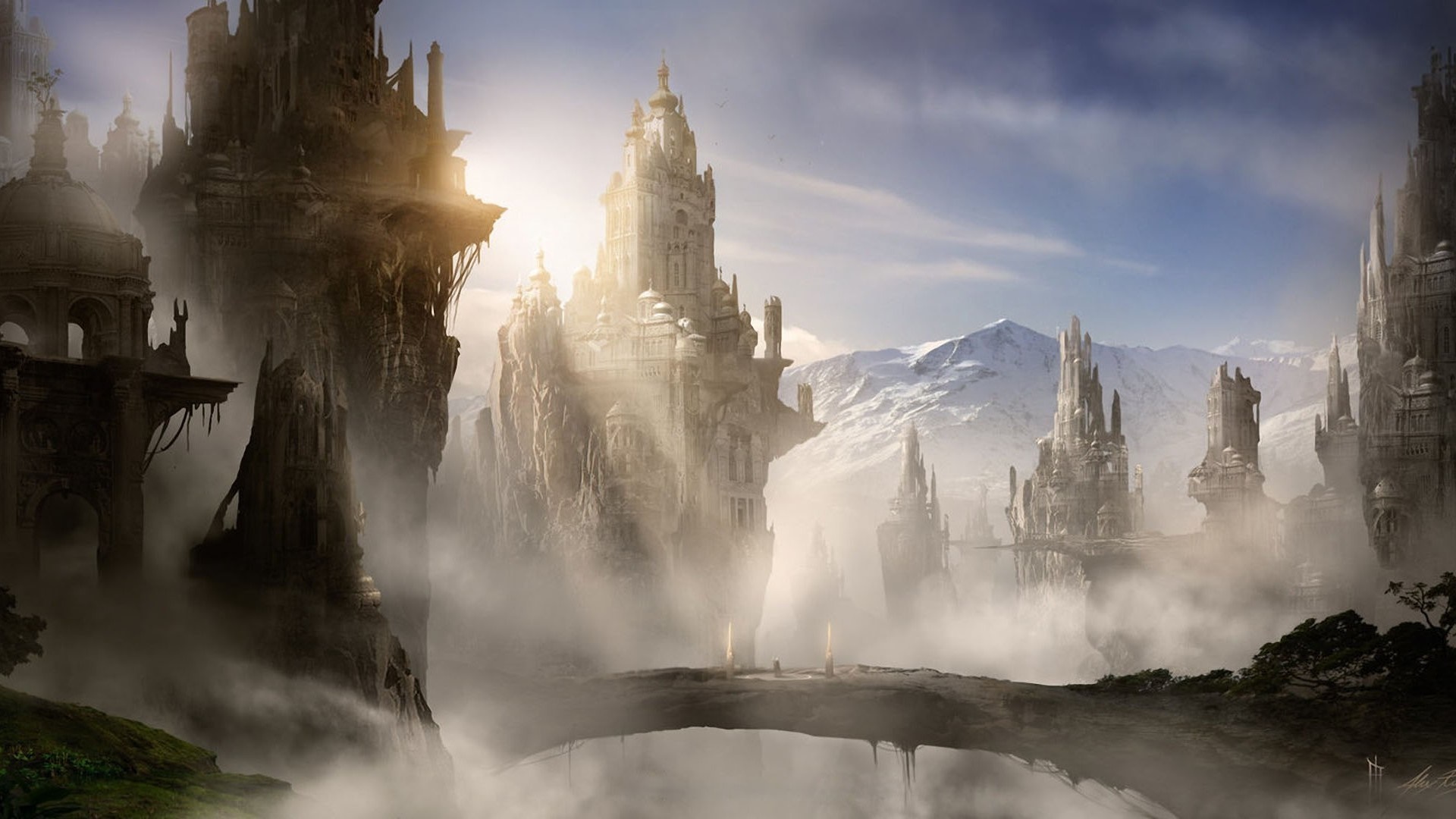 Fantasy city on floating islands with mountains HD Wallpaper