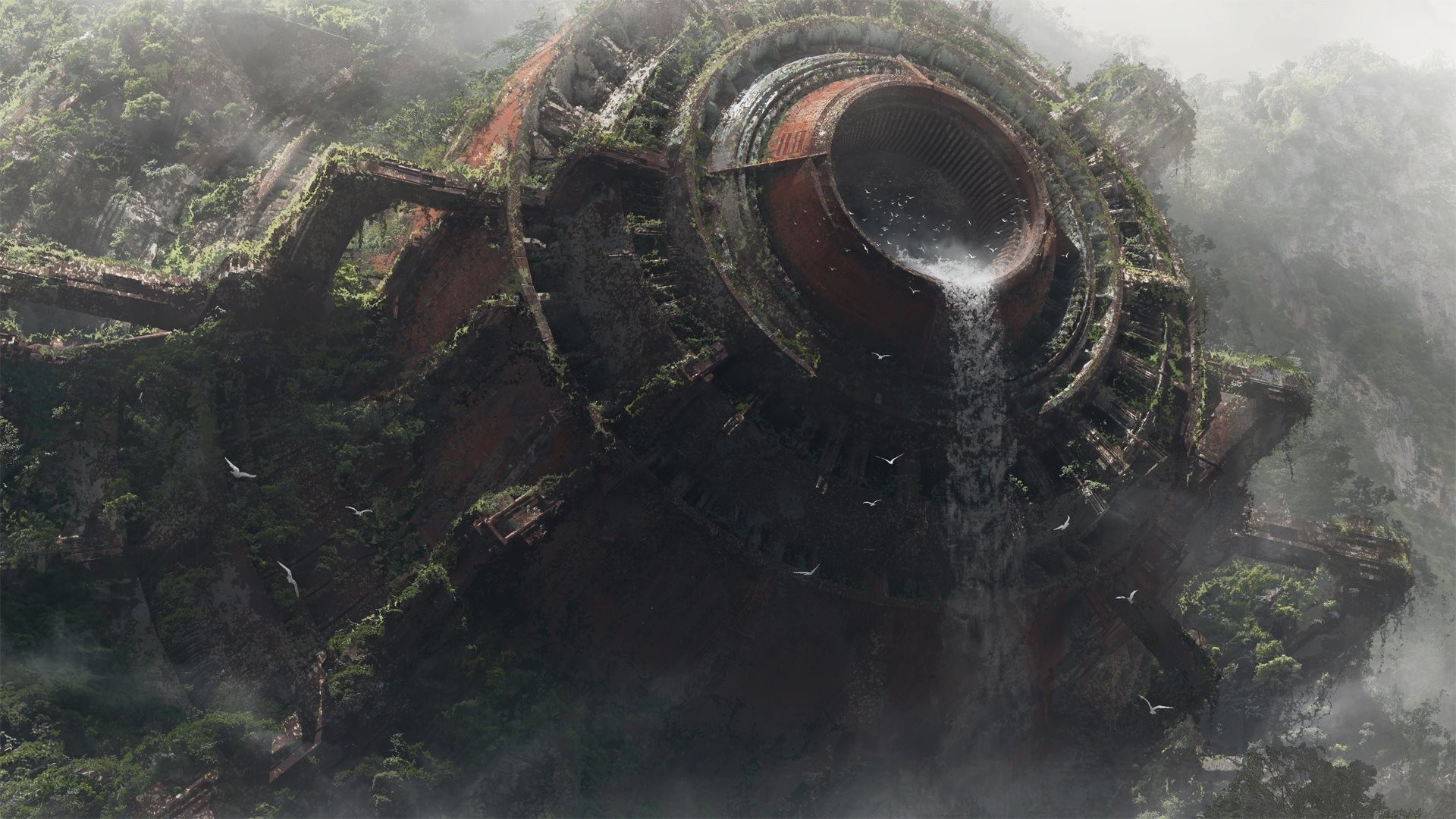 Ruined futuristic structure overgrown with plants and a waterfall HD Wallpaper
