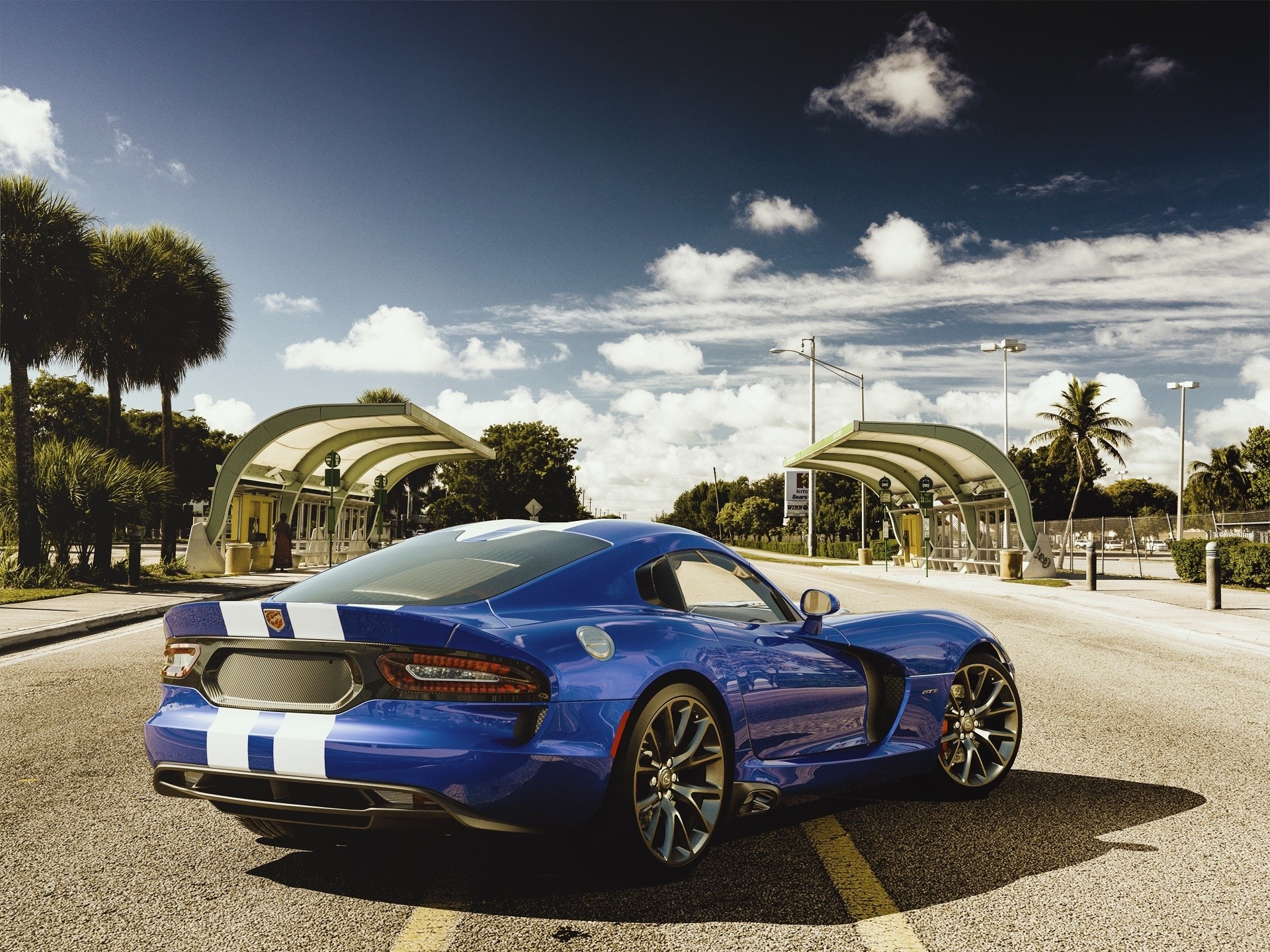 Blue Dodge Viper with White Stripes on Road HD Wallpaper