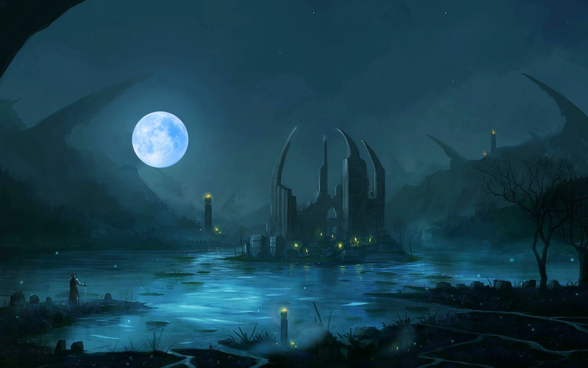 Fantasy landscape with ruins and a full moon HD Wallpaper
