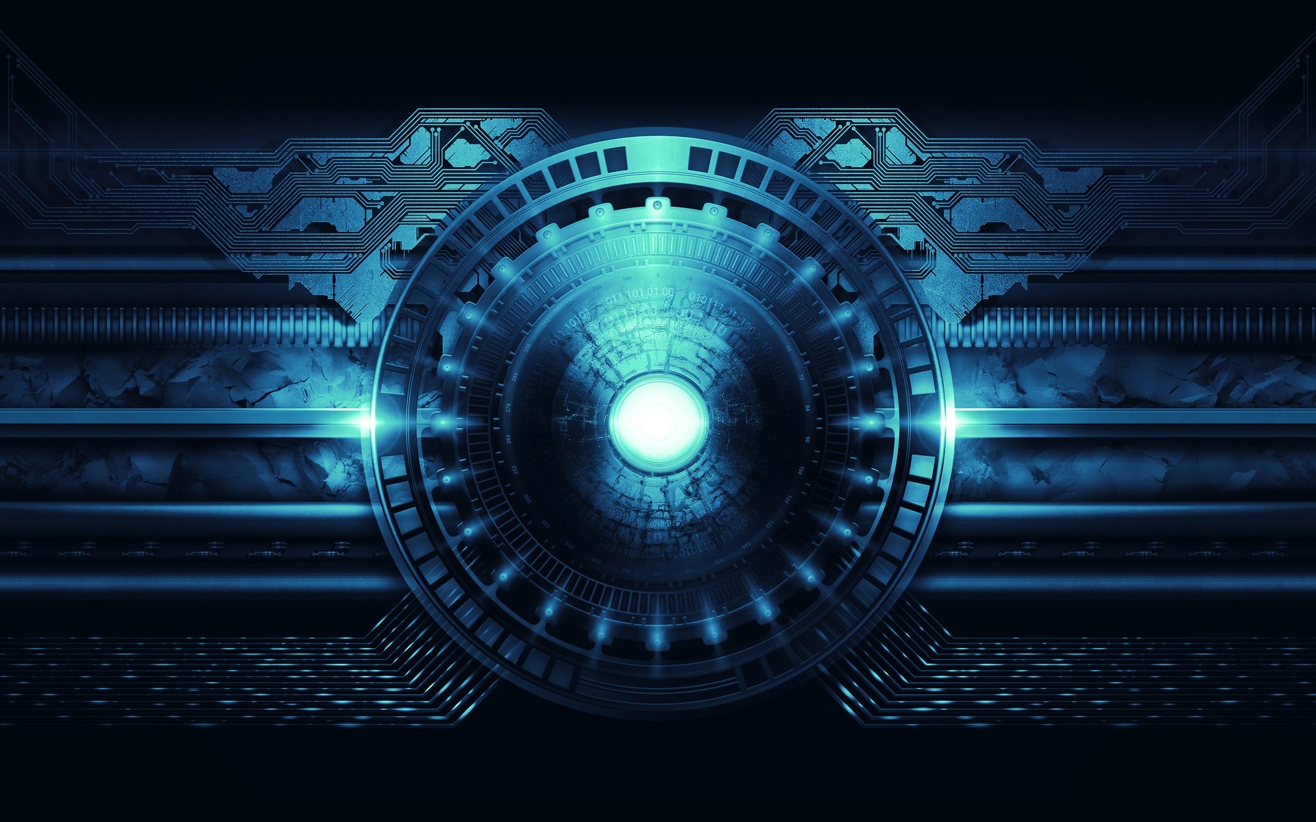 Abstract blue technological vortex with circuit board patterns HD Wallpaper