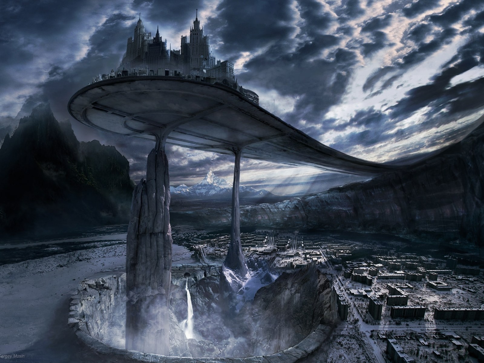 Fantasy city on a floating platform over a chasm HD Wallpaper