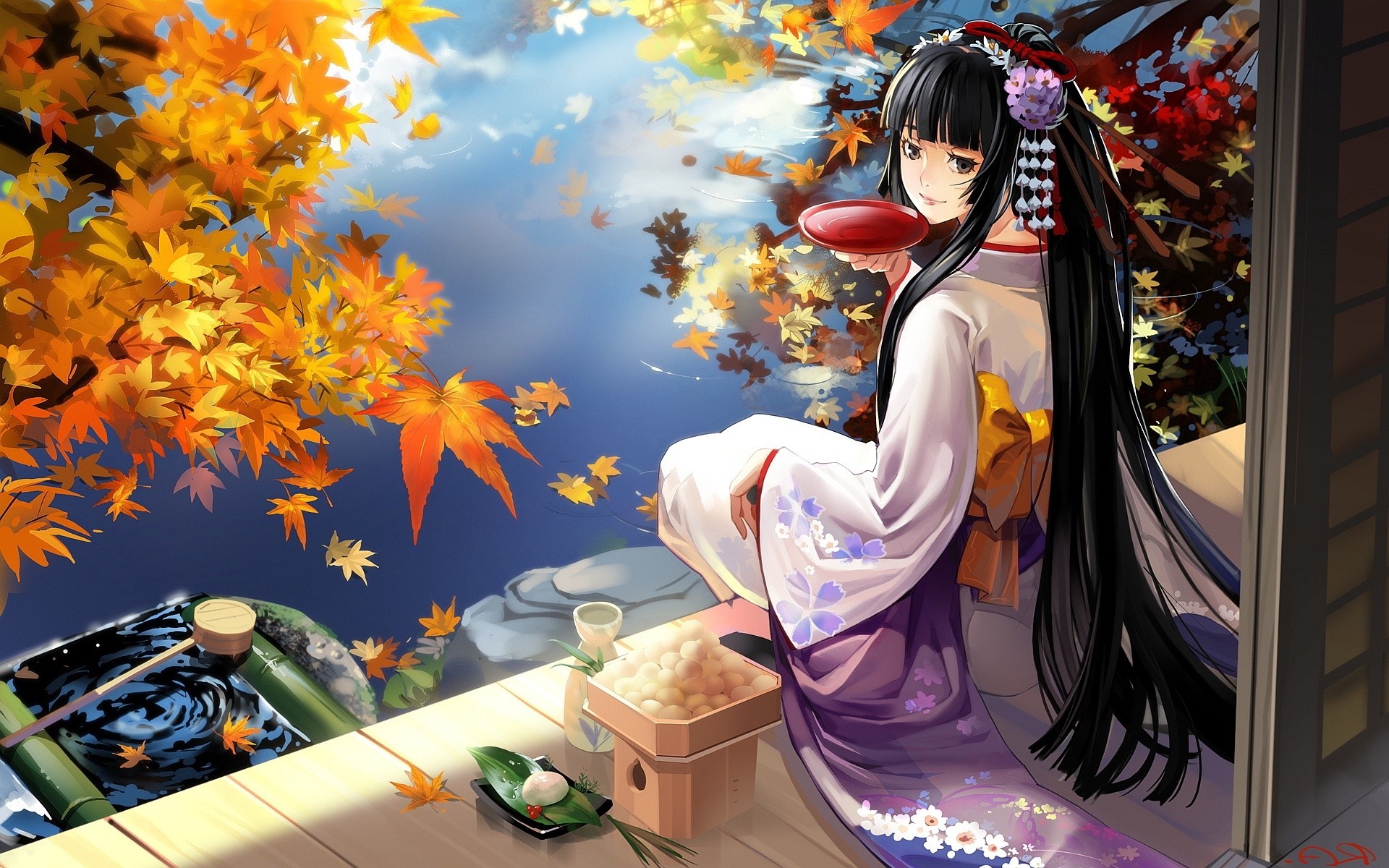 Anime girl in kimono drinking from a red cup by a pond HD Wallpaper