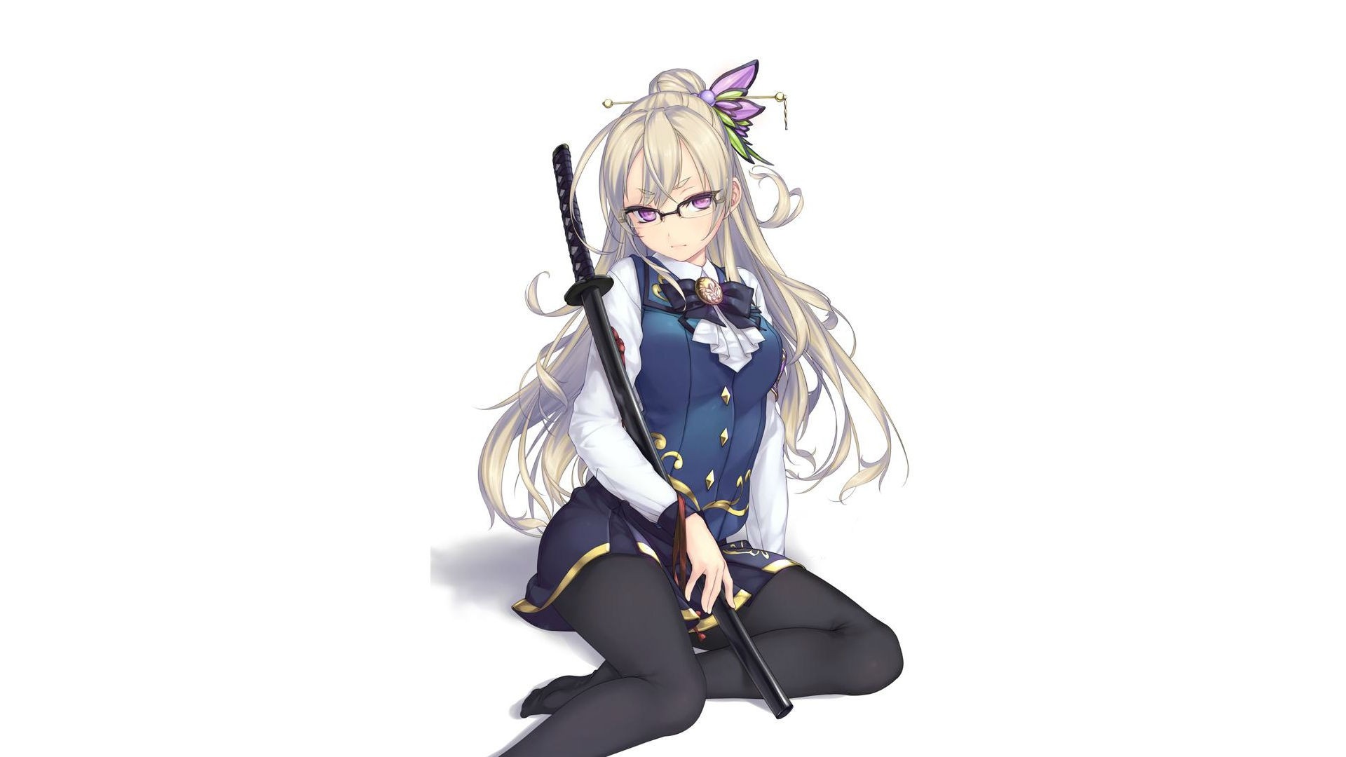 Anime girl with blonde hair, purple eyes, and katana HD Wallpaper