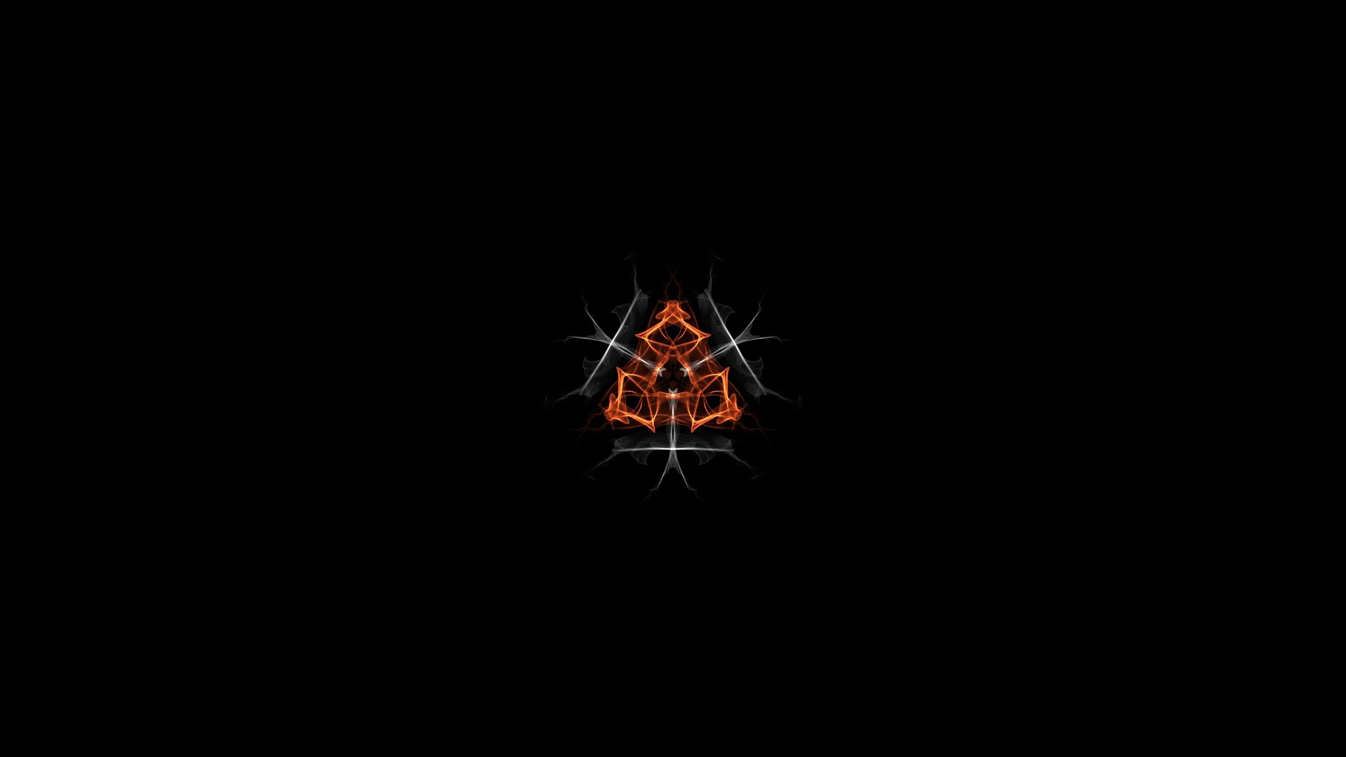 Symmetrical fractal art with orange and white elements on black HD Wallpaper