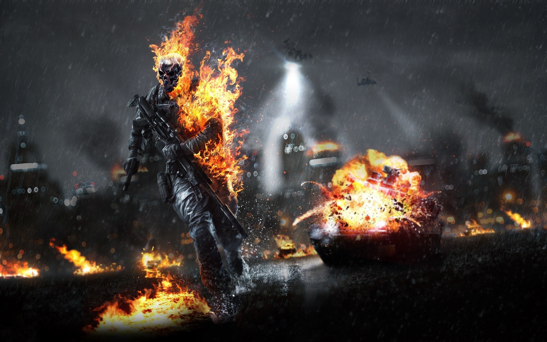 Ghost Rider from Battlefield on fire in a city HD Wallpaper