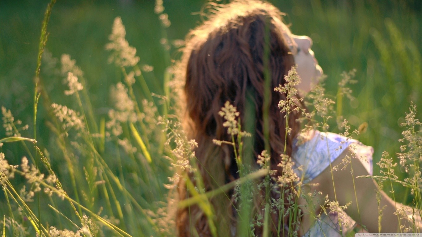 Woman with long brown hair in a grassy field HD Wallpaper
