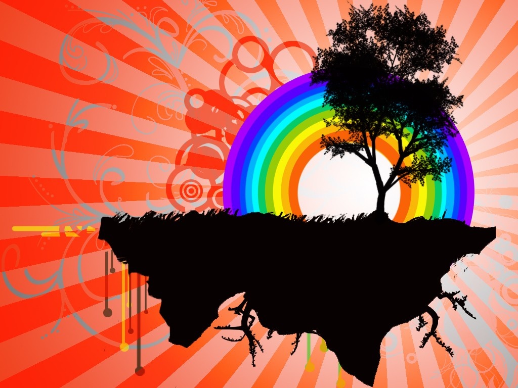 Floating island with tree and rainbow HD Wallpaper