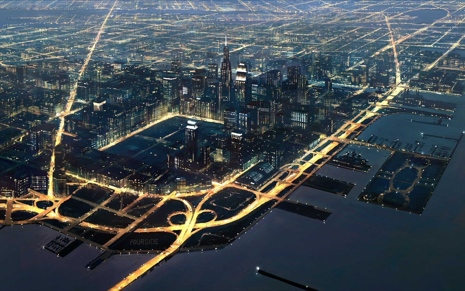 Aerial view of a city at night with illuminated skyscrapers and highways HD Wallpaper