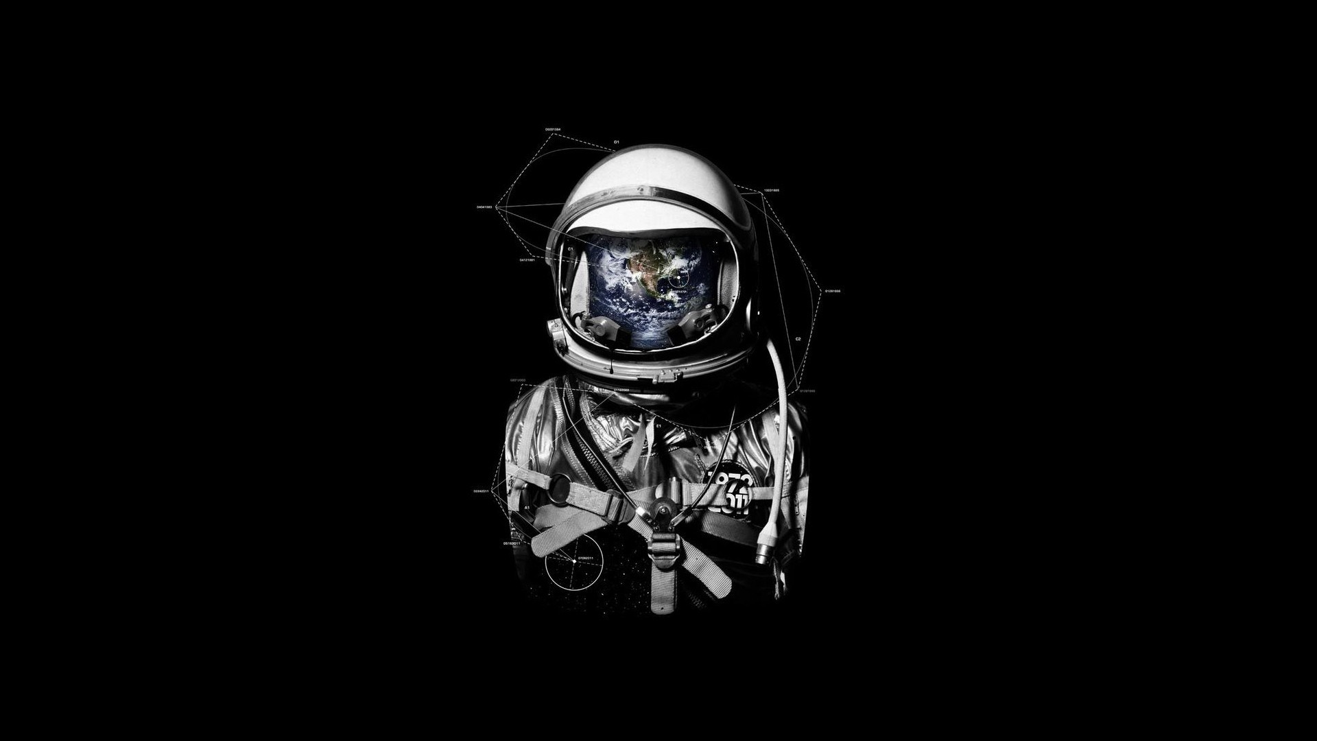 Astronaut with Earth in helmet on black background HD Wallpaper