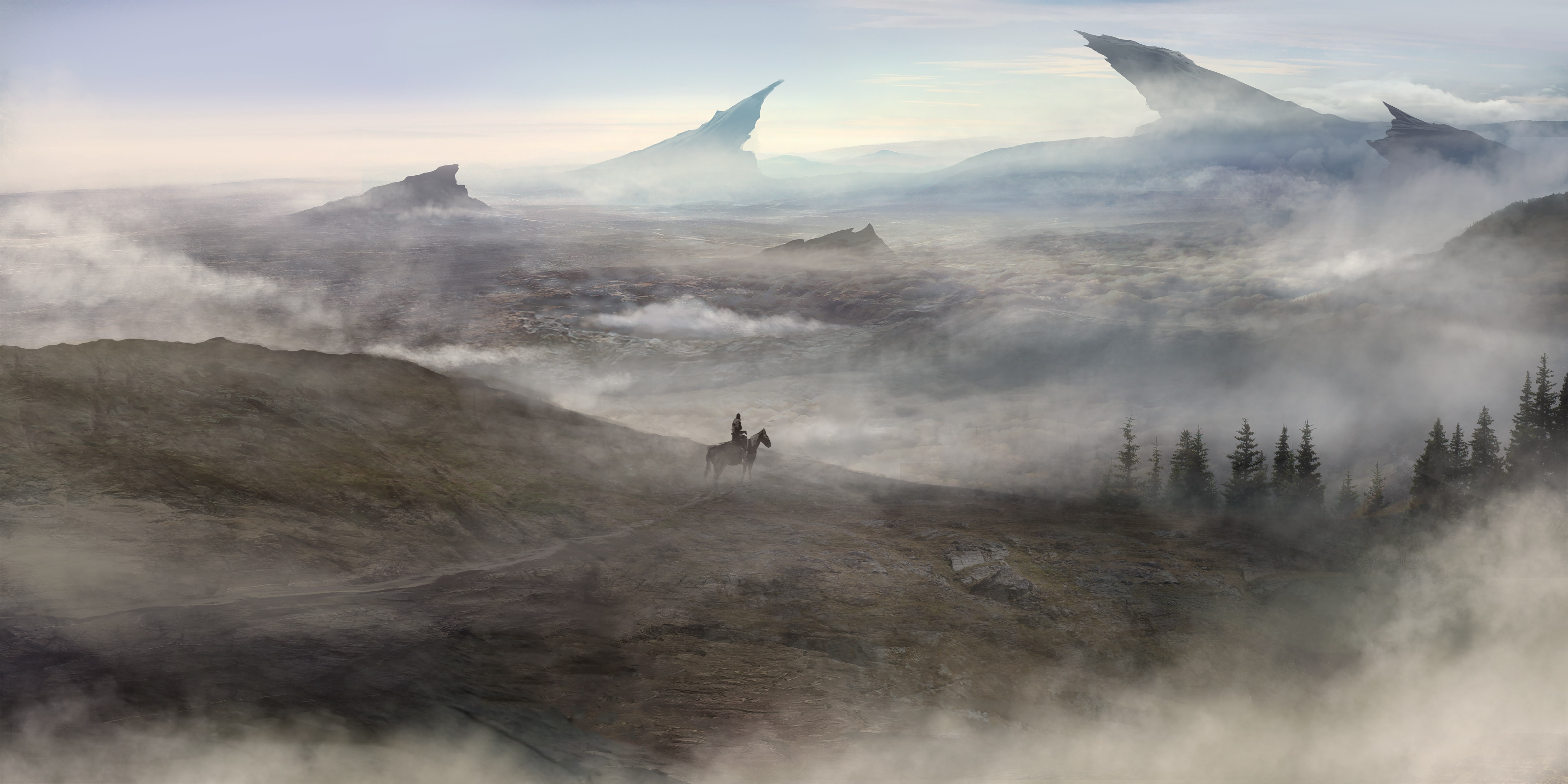 A lone rider on horseback in a misty mountain valley HD Wallpaper