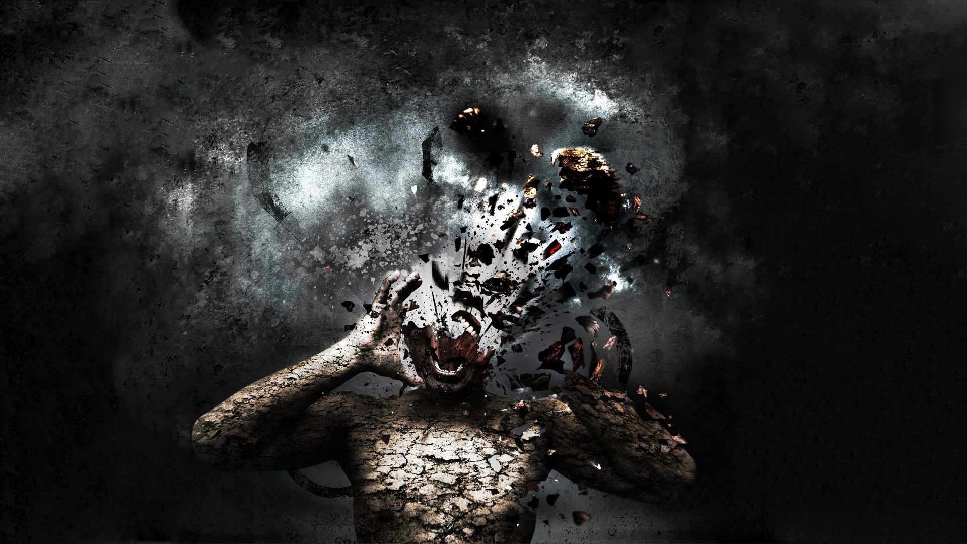 Man's head exploding in dark fantasy art HD Wallpaper