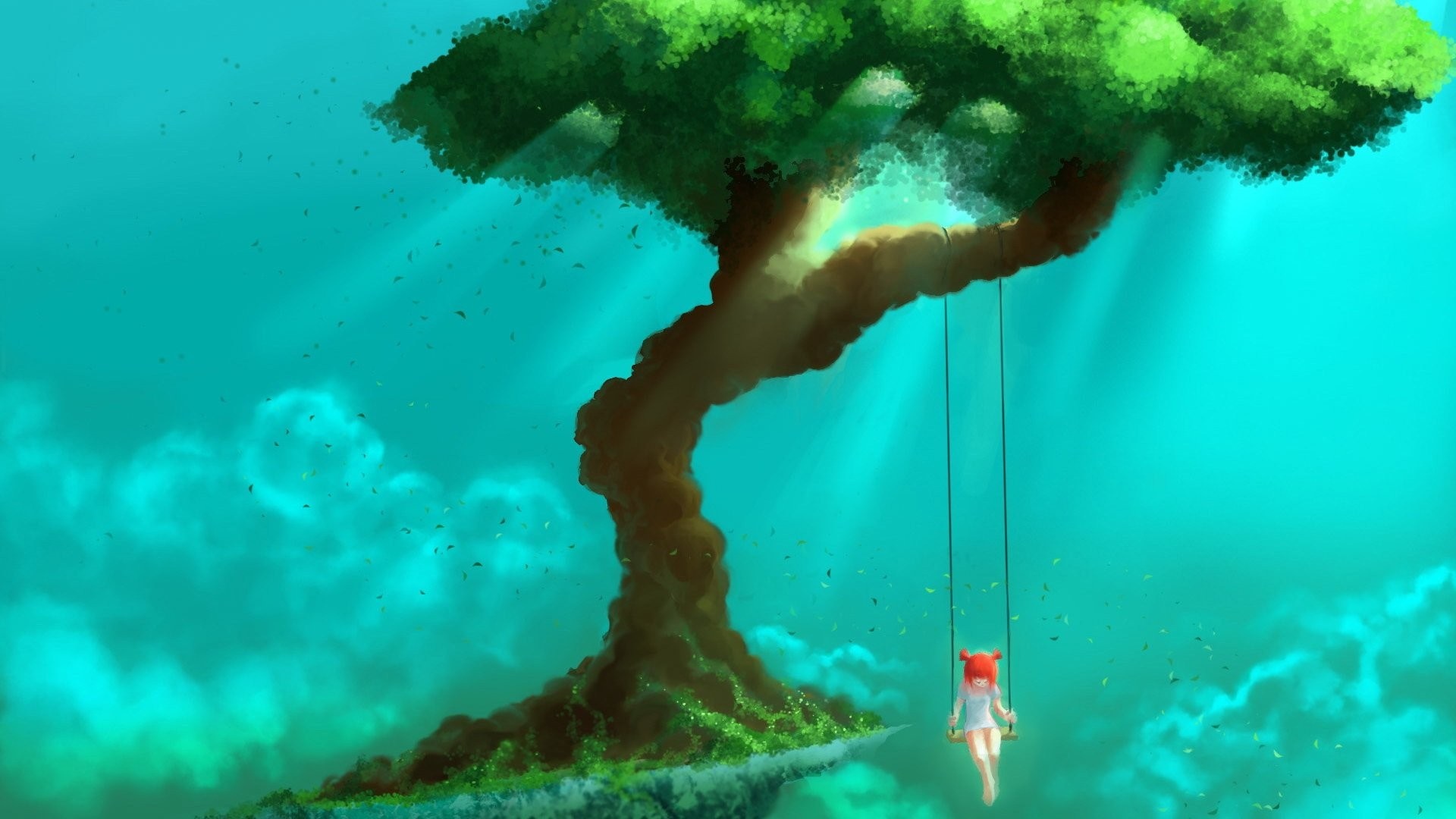 Girl on a swing under a large tree on a floating island HD Wallpaper