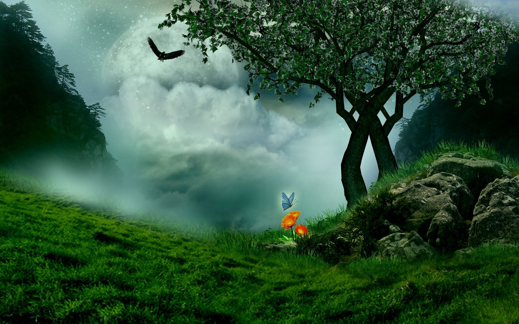 Fantasy landscape with moon, eagle, and tree HD Wallpaper
