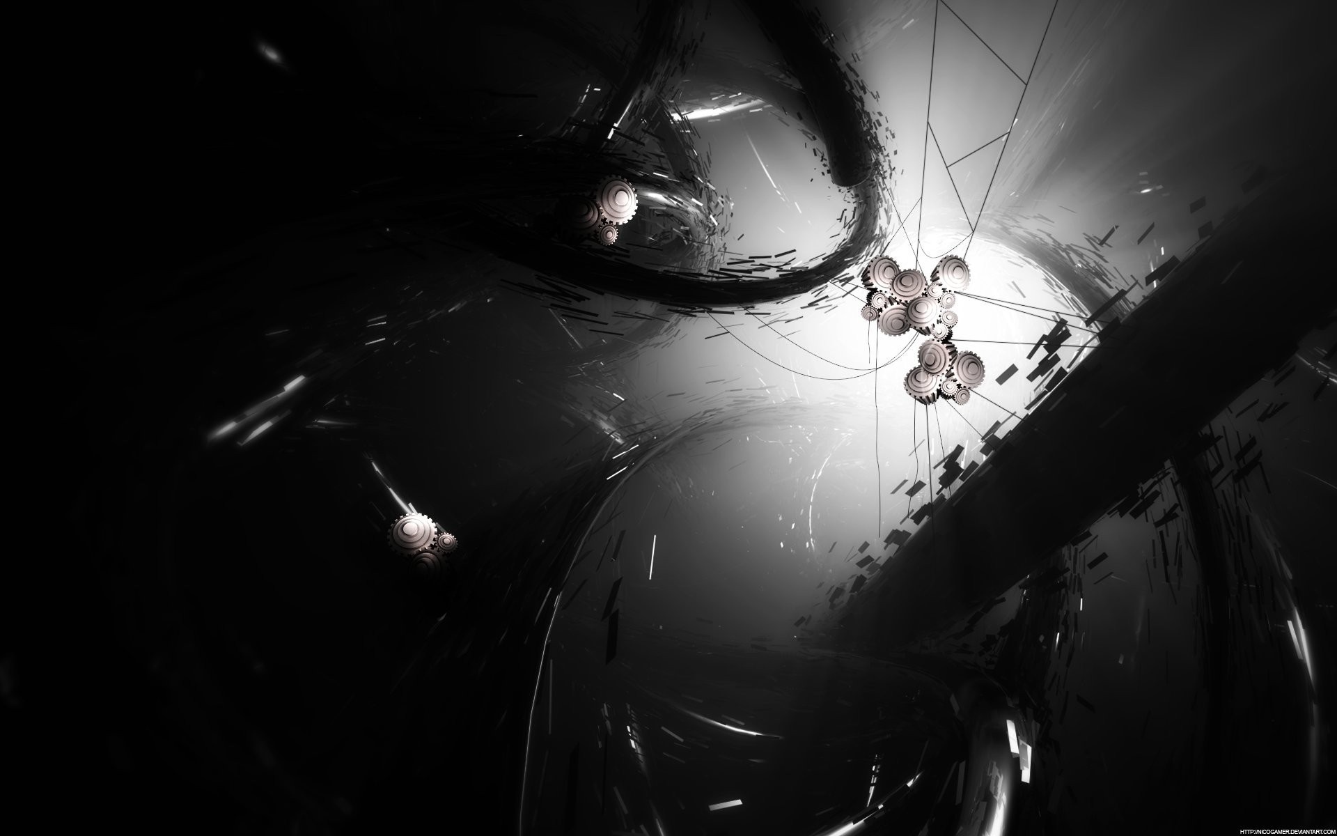 Abstract monochrome digital art with gears HD Wallpaper
