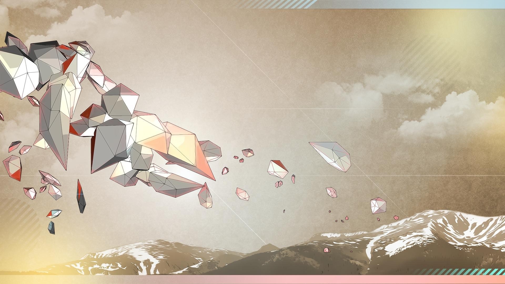 Abstract geometric shapes floating above mountains HD Wallpaper