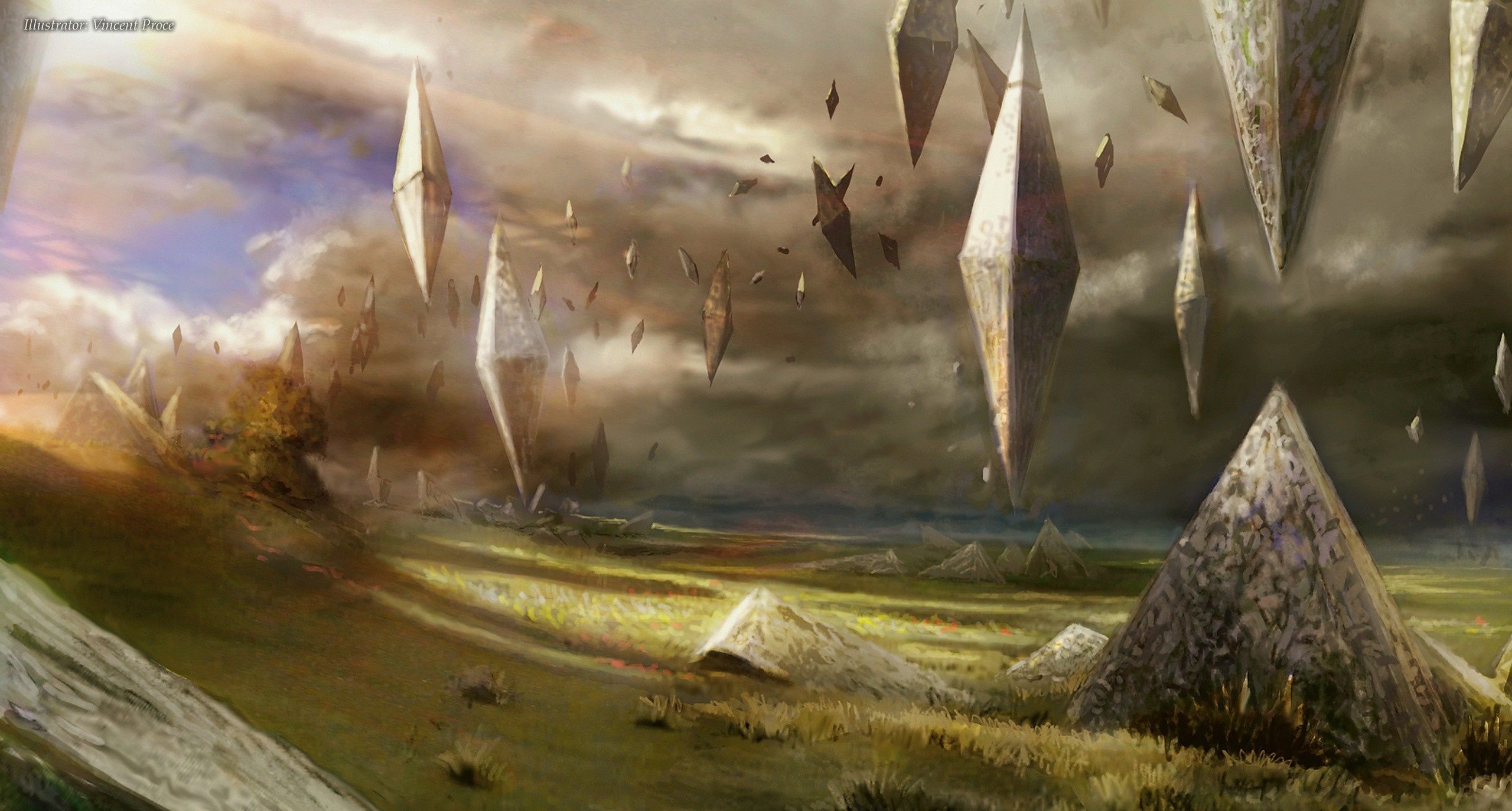 Fantasy landscape with floating crystals and sunlight HD Wallpaper