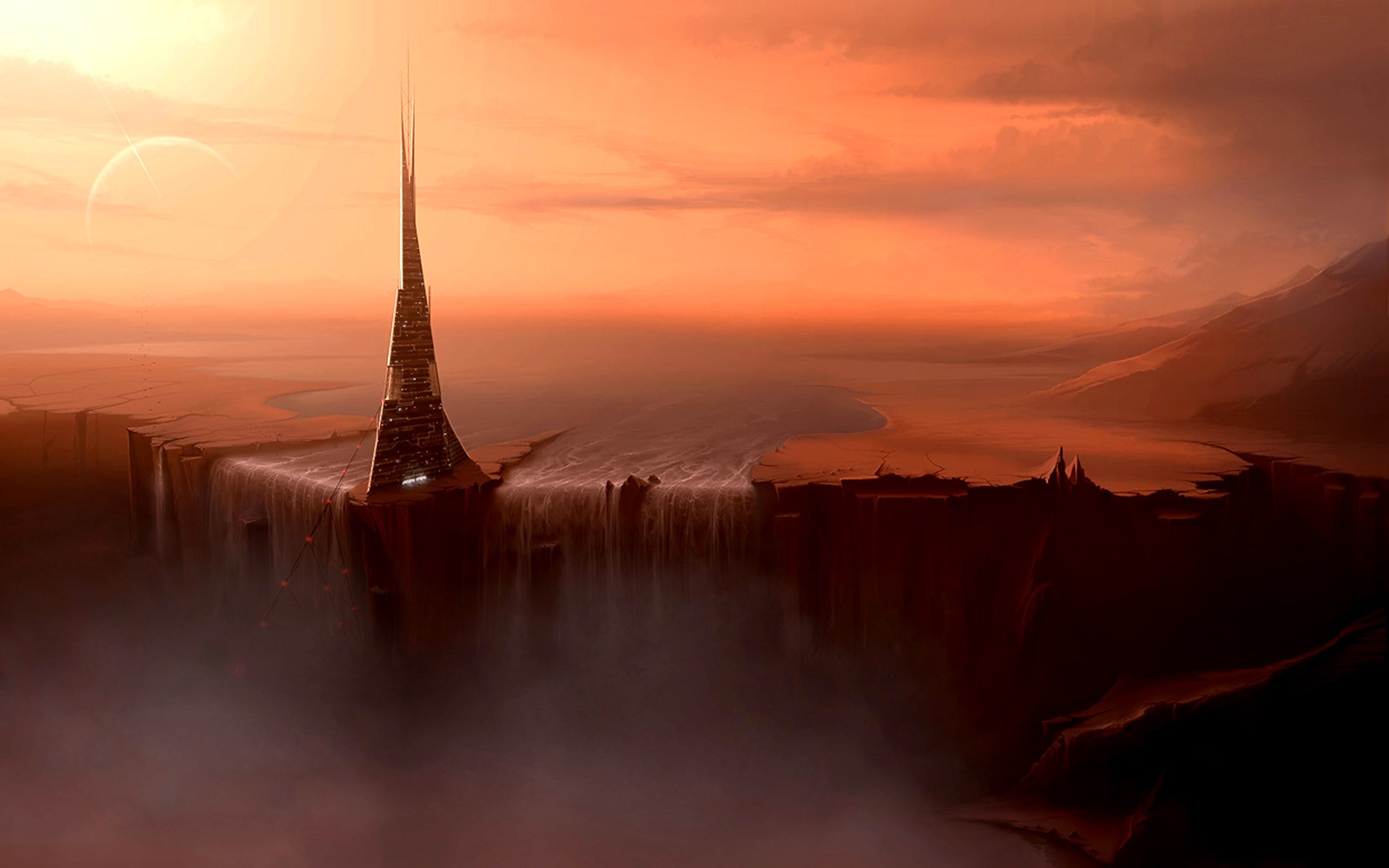 Futuristic tower on a cliff overlooking a misty landscape at sunset HD Wallpaper