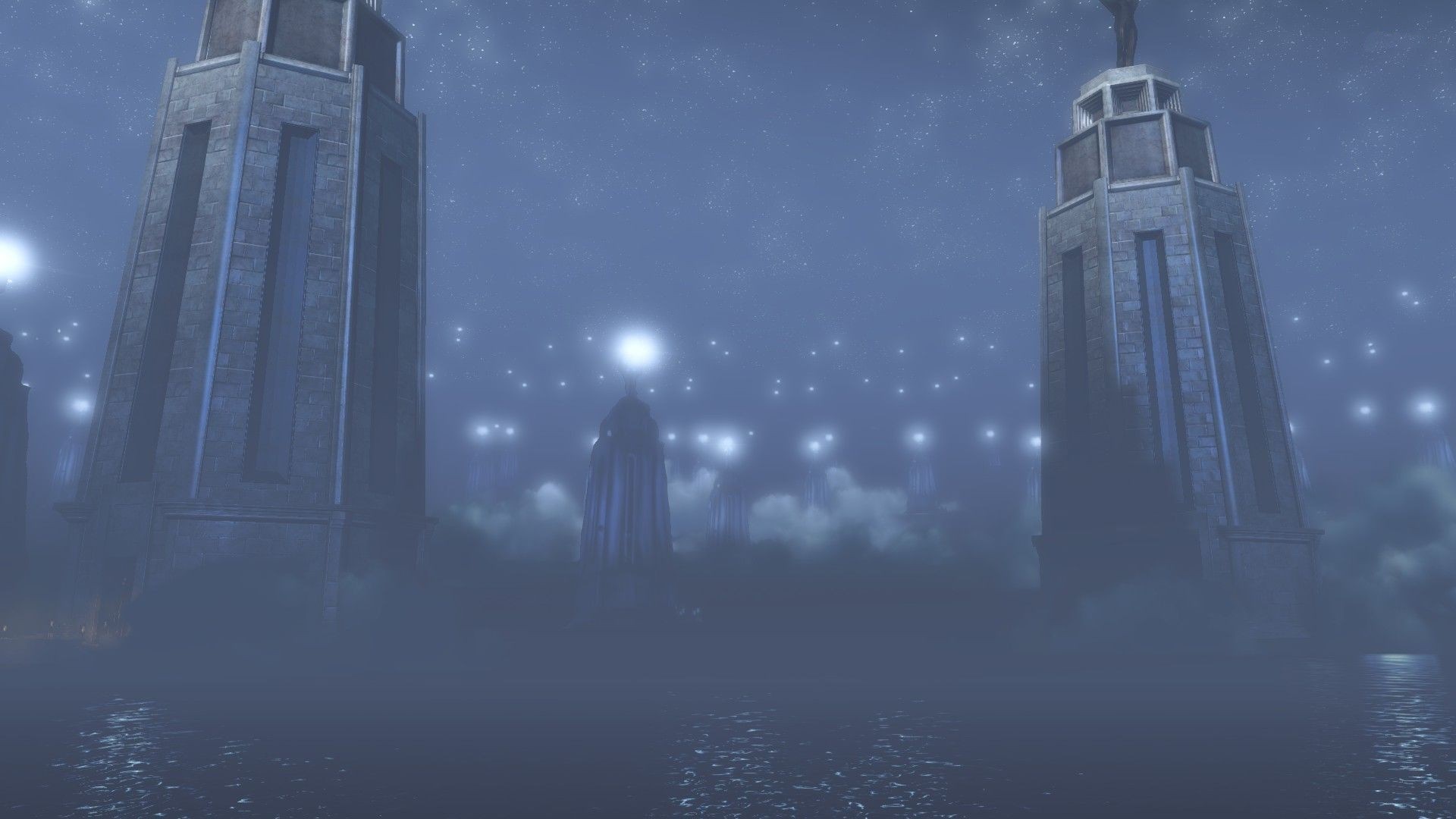 BioShock Infinite towers in fog at night HD Wallpaper